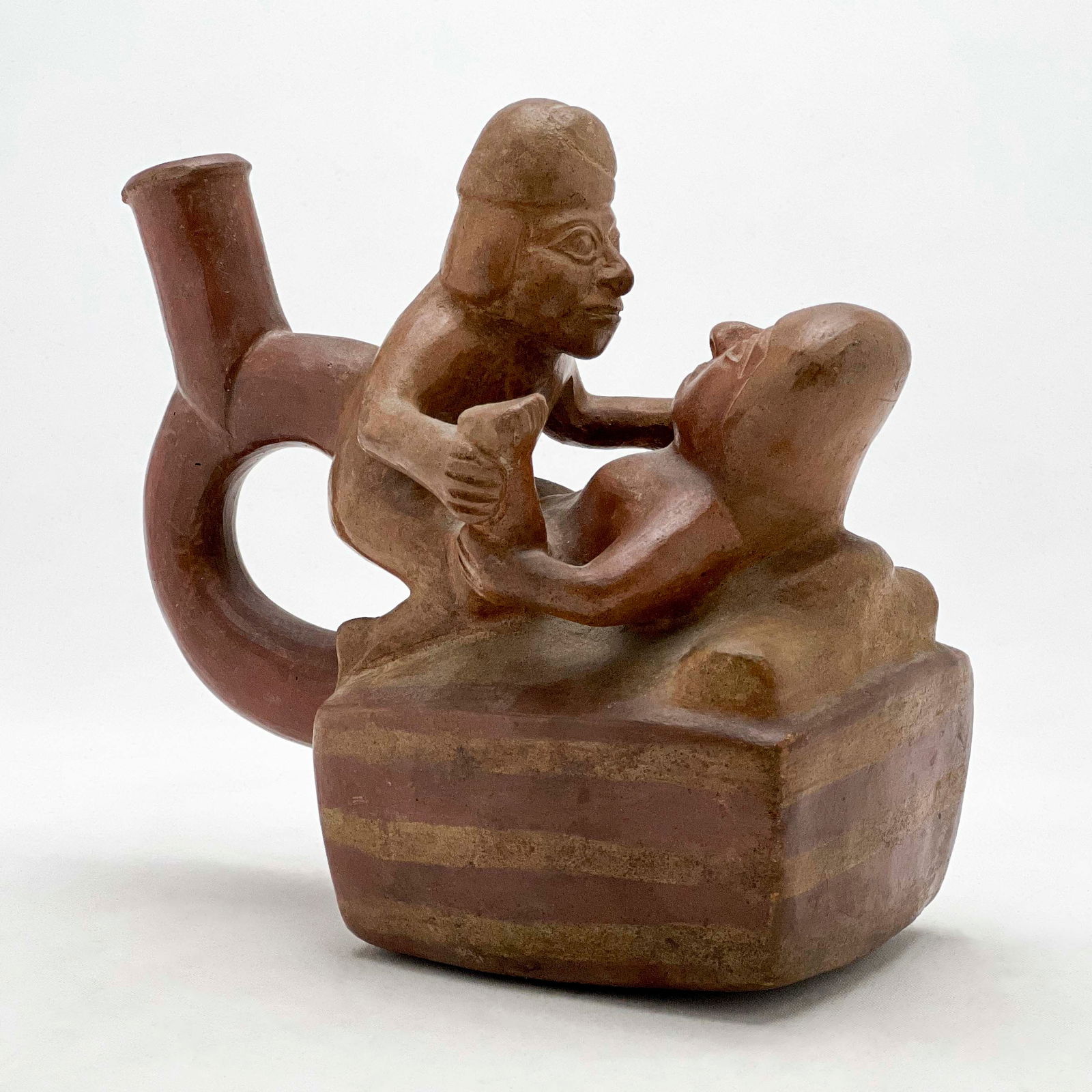 Pre-Columbian - Mochica Effigy Vessel: Lot 6 Pre-Columbian Mochica Effigy Vessel burnished earthenware Hand built vessel featuring an erotic couple 6 3/4 x 7 x 4 inches Provenance: Property from the Estate of Rosa and Aaron Esman Purchased