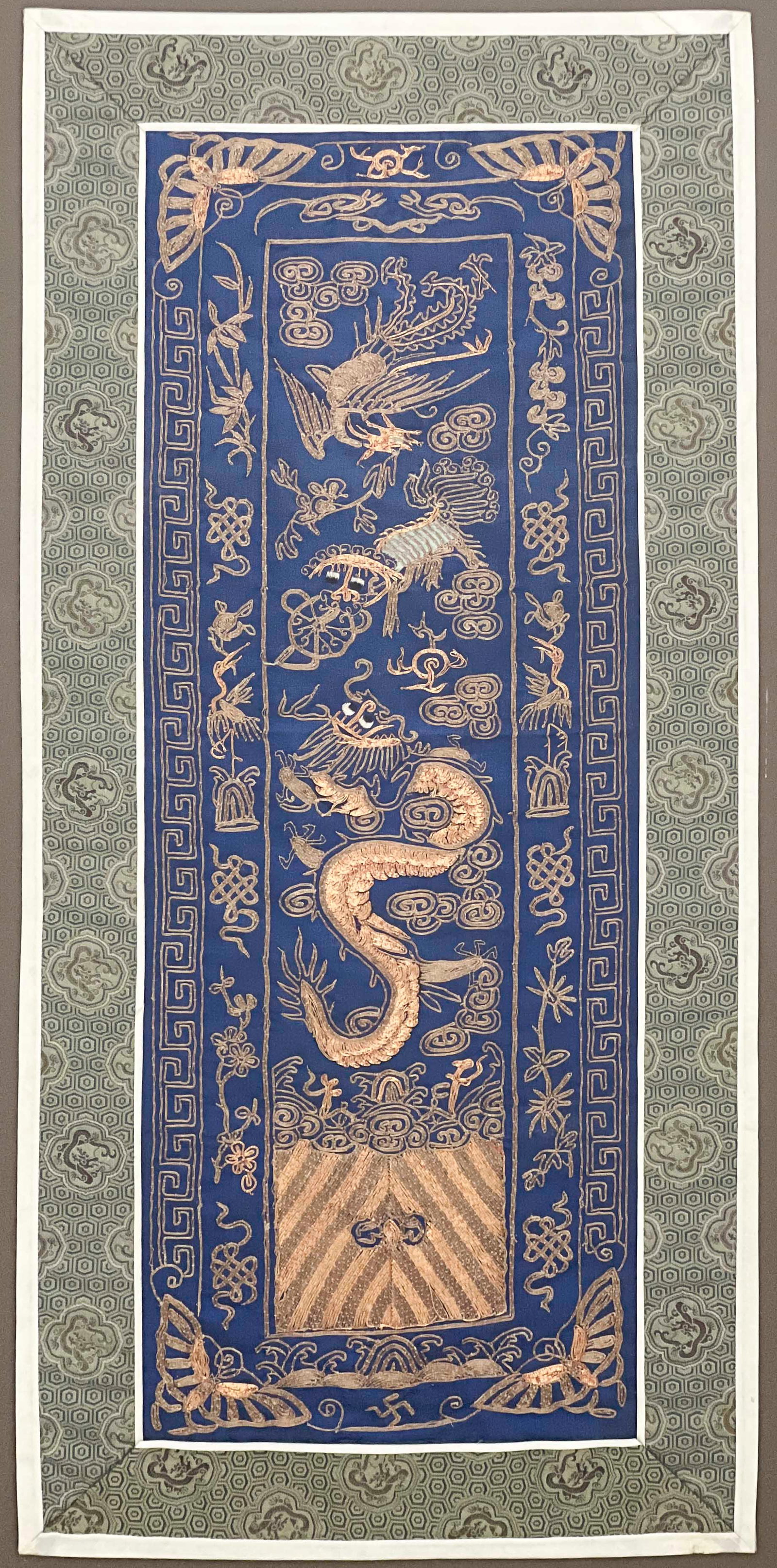 Chinese - Embroidered Panel: Lot 143 Chinese Embroidered Panel silk embroidery 24 3/4 x 11 inches frame dimensions: 30 1/2 x 16 1/2 x 1 3/4 inches, wood frame with glazing Provenance: From a Wellesley, MA collection