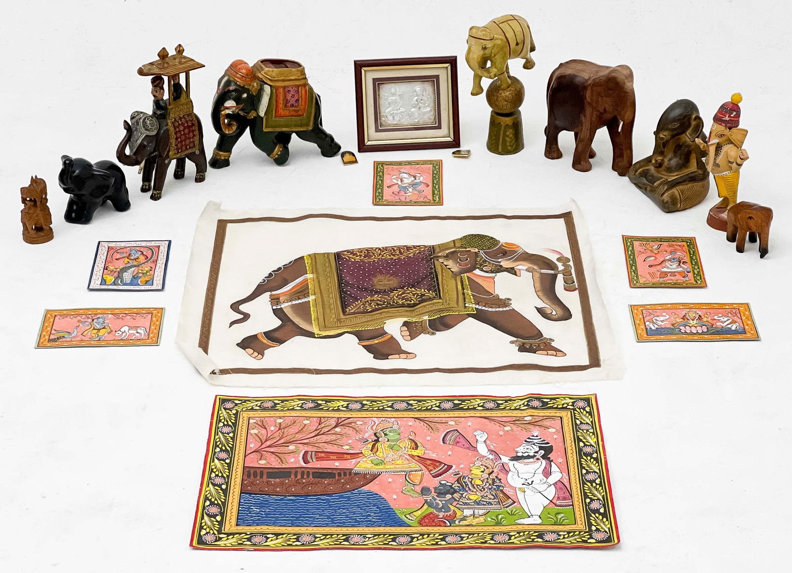 Indian Pattachitra Paintings and Elephant Sculptures, Group of 19 (1 of 6)