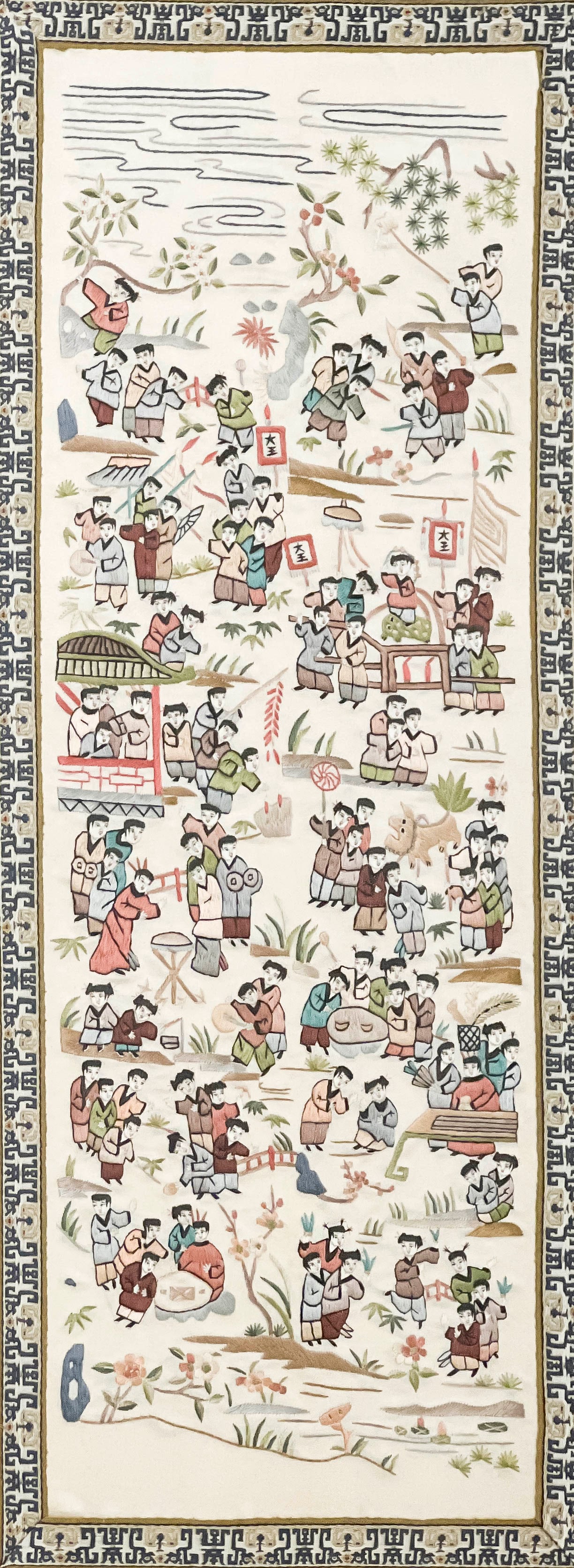 Chinese Embroidered Silk Panel: Lot 161 Chinese Embroidered Silk Panel with motif ”One Hundred Boys at Play” embroidered on a tan ground surrounded by a patterned border sight: 24 1/2 x 12 inches frame dimensions: 26 1/2