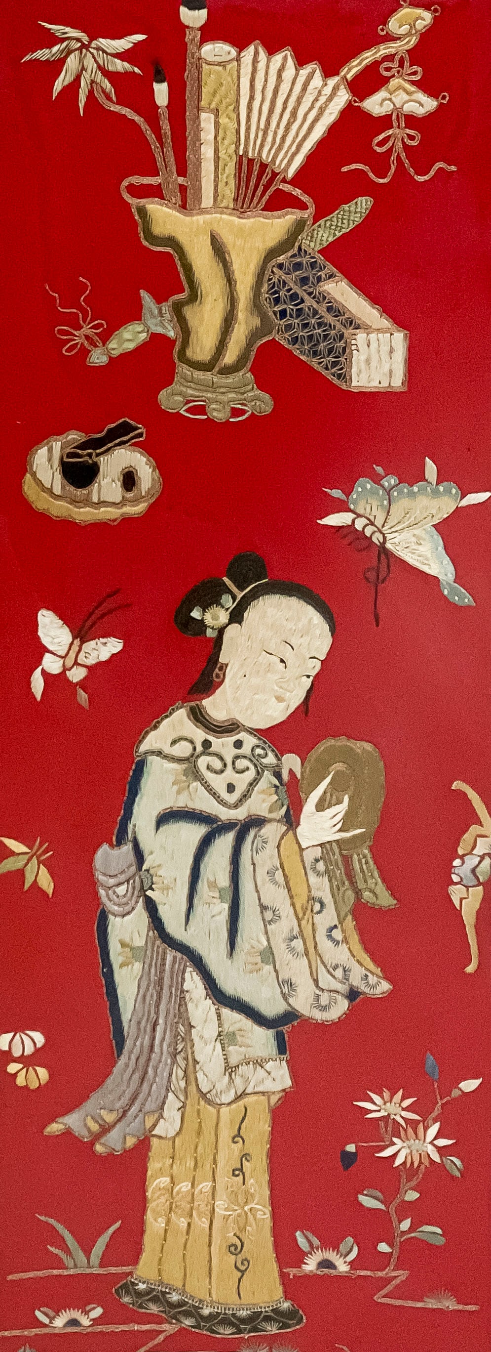 Chinese Embroidered Red Silk Panel (1 of 3)
