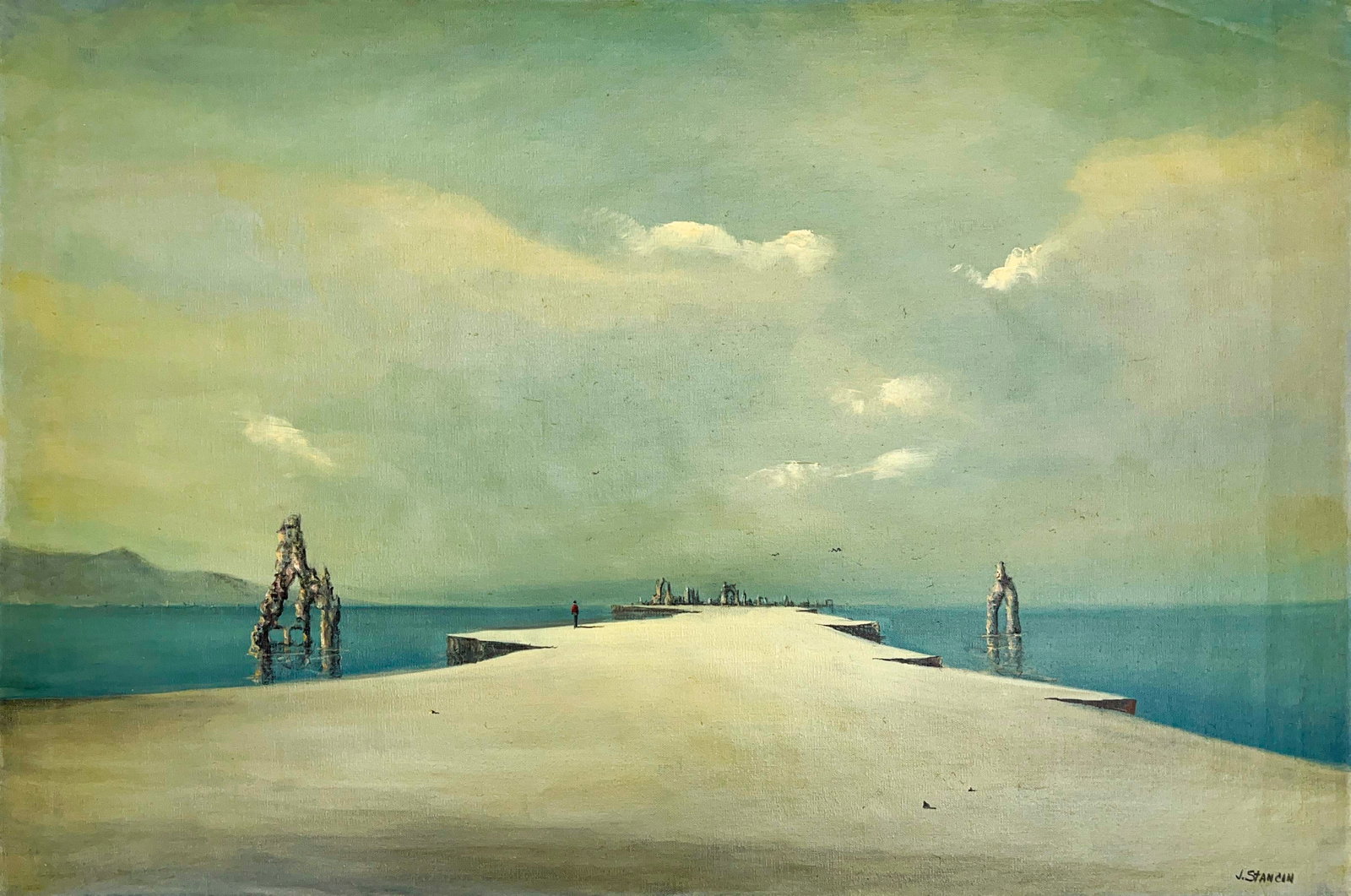 John J. Stancin - Surrealist Olympus: Lot 1 John J. Stancin American (1916-1988) Surrealist Olympus oil on canvas (unstretched) signed lower right 24 x 36 inches unframed Provenance: Purchased from Arnot Gallery