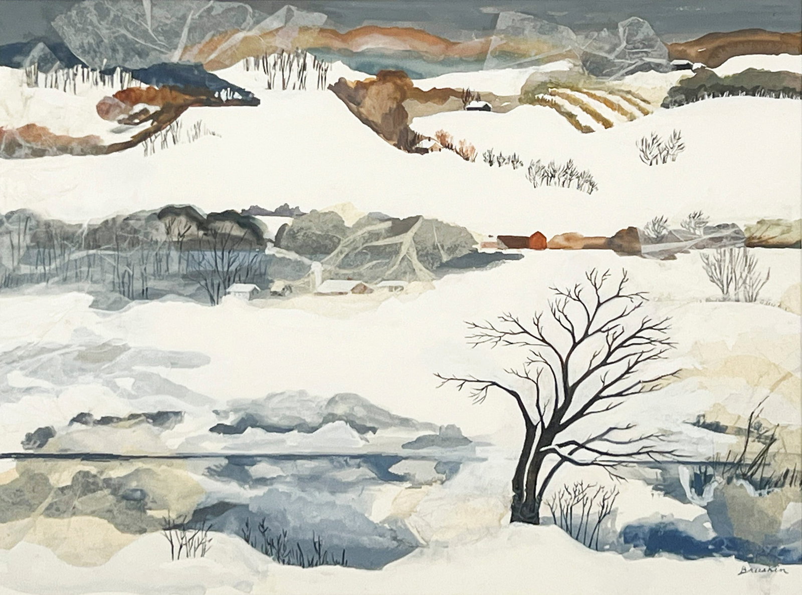 Kathleen Bruskin - Winter River: Lot 4 Kathleen Bruskin American (1911-2001) Winter River gouache with collage signed lower right sight: 14 1/2 x 19 inches frame dimensions: 20 3/4 x 25 1/4 x 1 inches, metal frame with glazing Proven