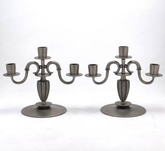 Edvin Ollers - Candlesticks, Pair: Lot 54 Edvin Ollers Swedish (1888-1959) Candlesticks, Pair pewter for Gjutet Tenn, each with two arms and three candlestick holders marked to underside each: 7 1/2 x 8 1/2 x 5 inches Provenance: