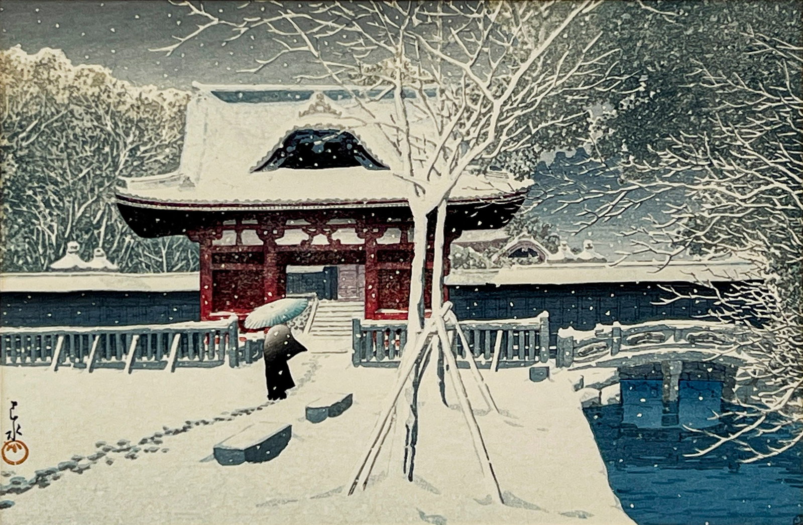 Hasui Kawase - Snow at Shiba Park: Lot 107 Hasui Kawase Japanese (1883-1957) Snow at Shiba Park woodcut on paper signed in pencil to left margin, with artists seal to left corner sight: 9 1/8 x 14 inches frame dimensions: 15 1/2 x 19 3