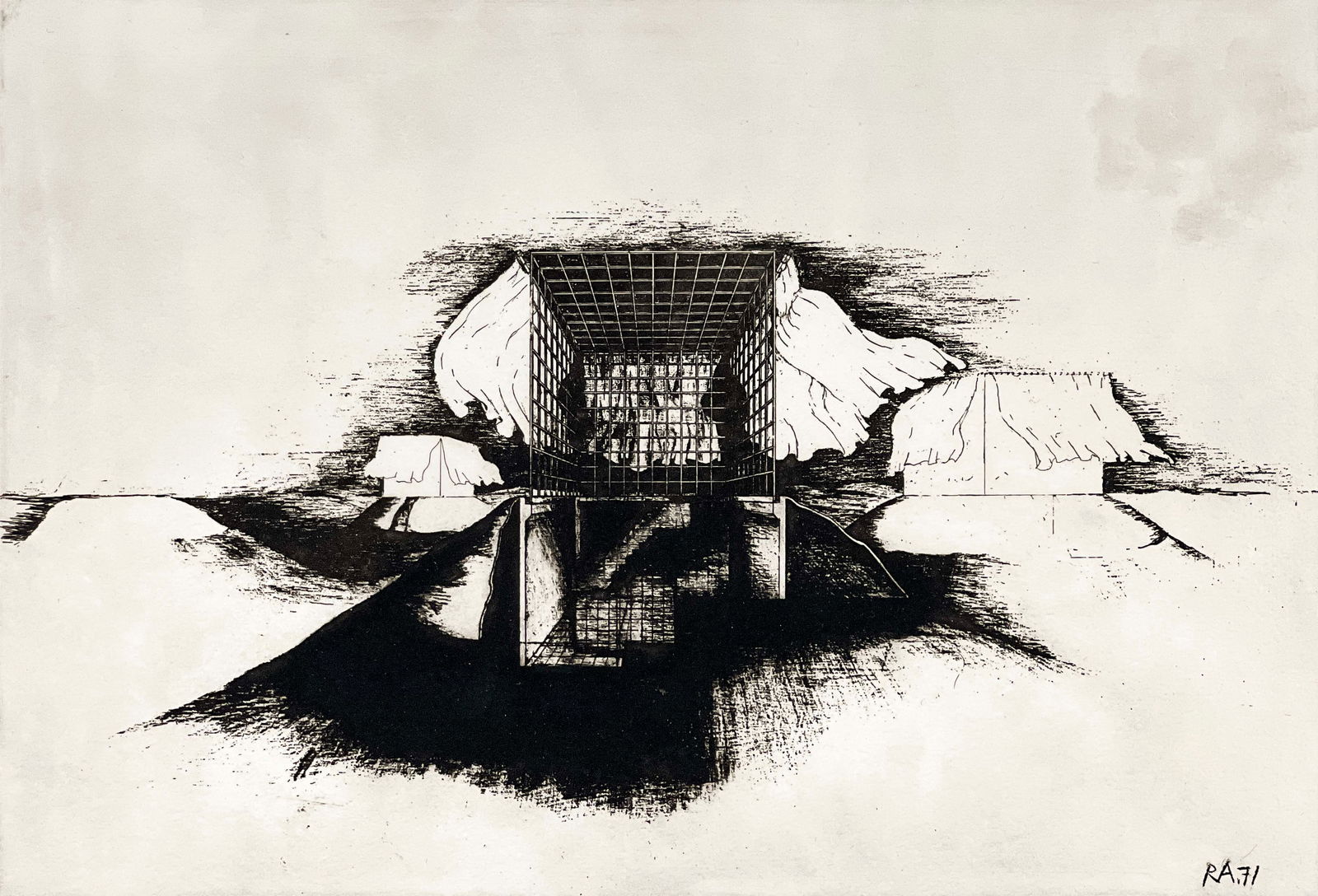 Raimund Abraham - House With Curtains: Lot 112 Raimund Abraham Austrian (1933-2010) House With Curtains (1971) etching pencil signed lower right, A.P. plate: 8 x 11 3/4 inches sheet: 15 3/4 x 19 3/4 inches unframed Additional Information: