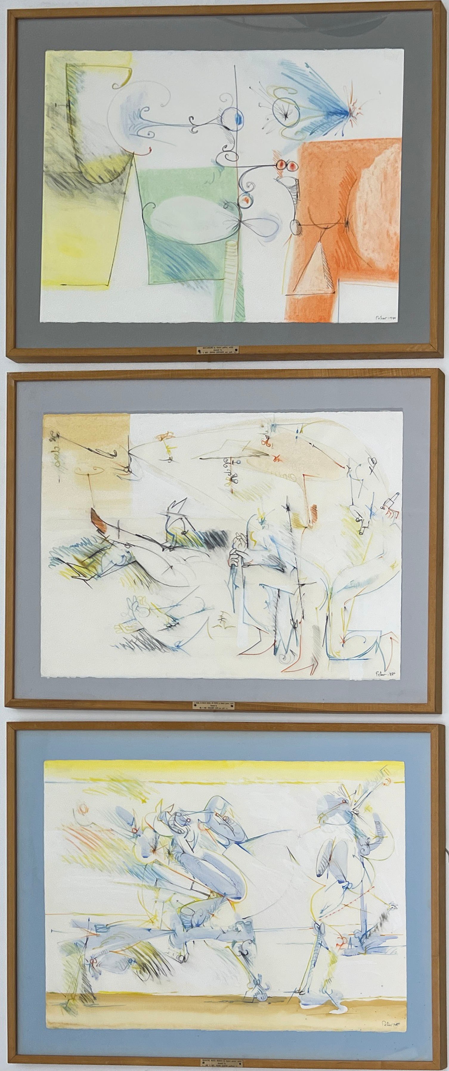 Dimitri Petrov - Compositions in Blue, Red, and Yellow (3 Works): Lot 91 Dimitri Petrov American (1919-1986) Compositions in Blue, Red, and Yellow (3 Works) (1980) colored pencil and watercolor on paper each signed lower right sheet (each): 22 x 30 inches frame dime