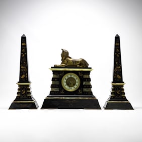 Egyptian Revival Marble Clock & Obelisks Set