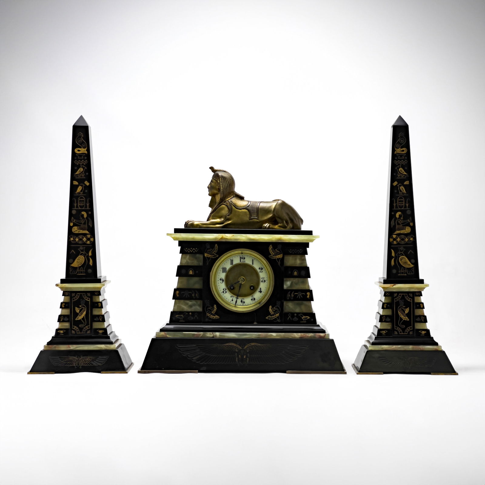 Egyptian Revival Marble Clock & Obelisks Set (1 of 10)