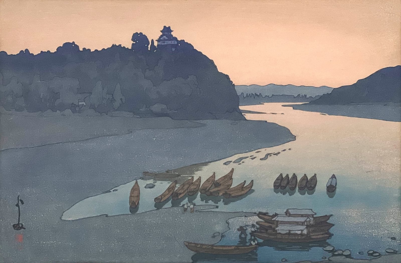Hiroshi Yoshida - Kiso River (Kisogawa): Lot 135 Hiroshi Yoshida Japanese (1876-1950) Kiso River (Kisogawa) (1927) woodcut 9 3/4 x 14 inches frame dimensions: 17 x 21 x 1 inches, wood frame with glazing Provenance: From the Estate of Margery