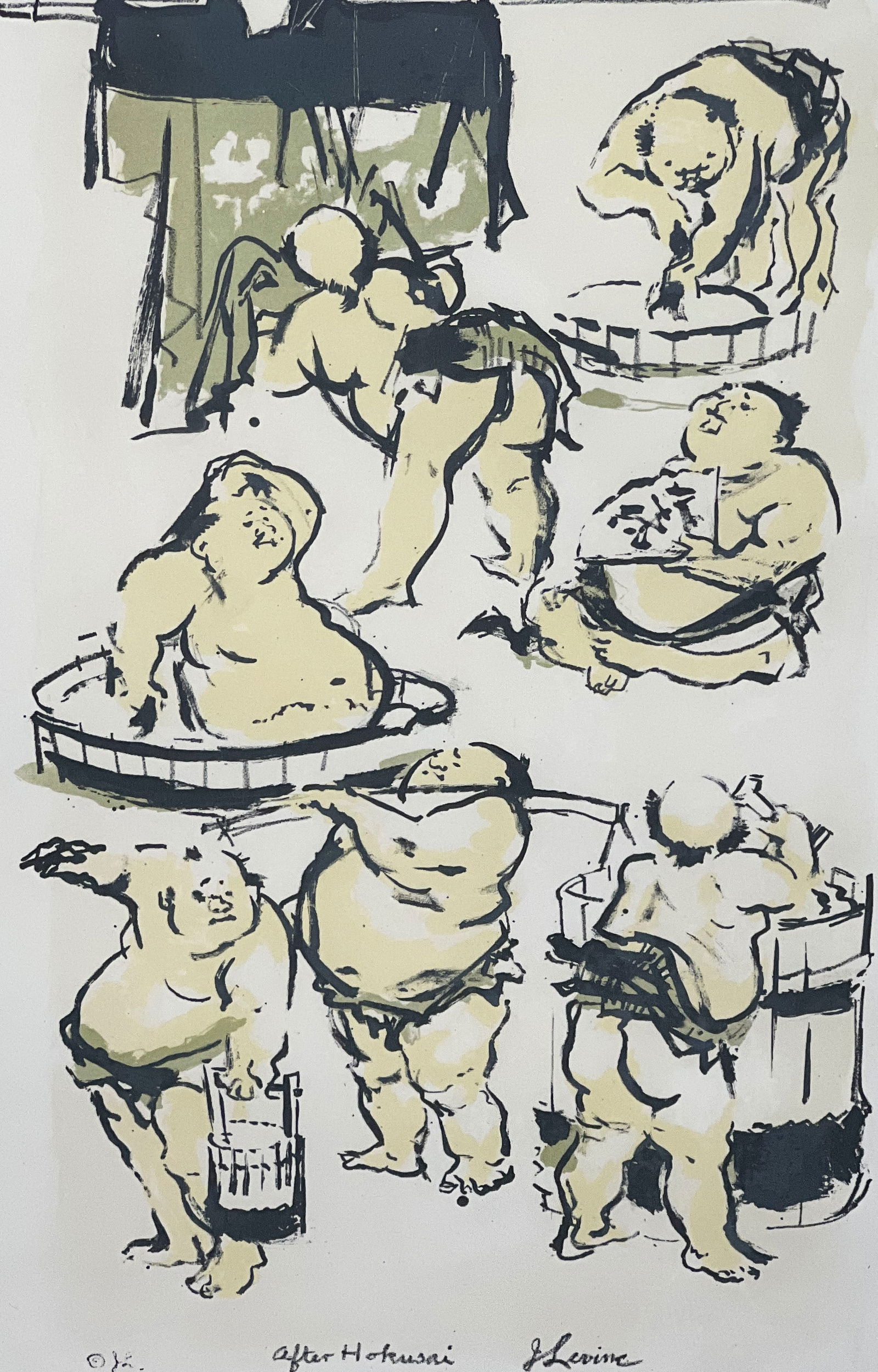 Jack Levine - After Hokusai: Lot 194 Jack Levine American (1915-2010) After Hokusai (c. 1970) lithograph signed bottom center plate: 13 1/8 x 7 inches frame dimensions: 9 1/4 x 13 3/4 x 1 1/2 inches, acrylic frame with acrylic g