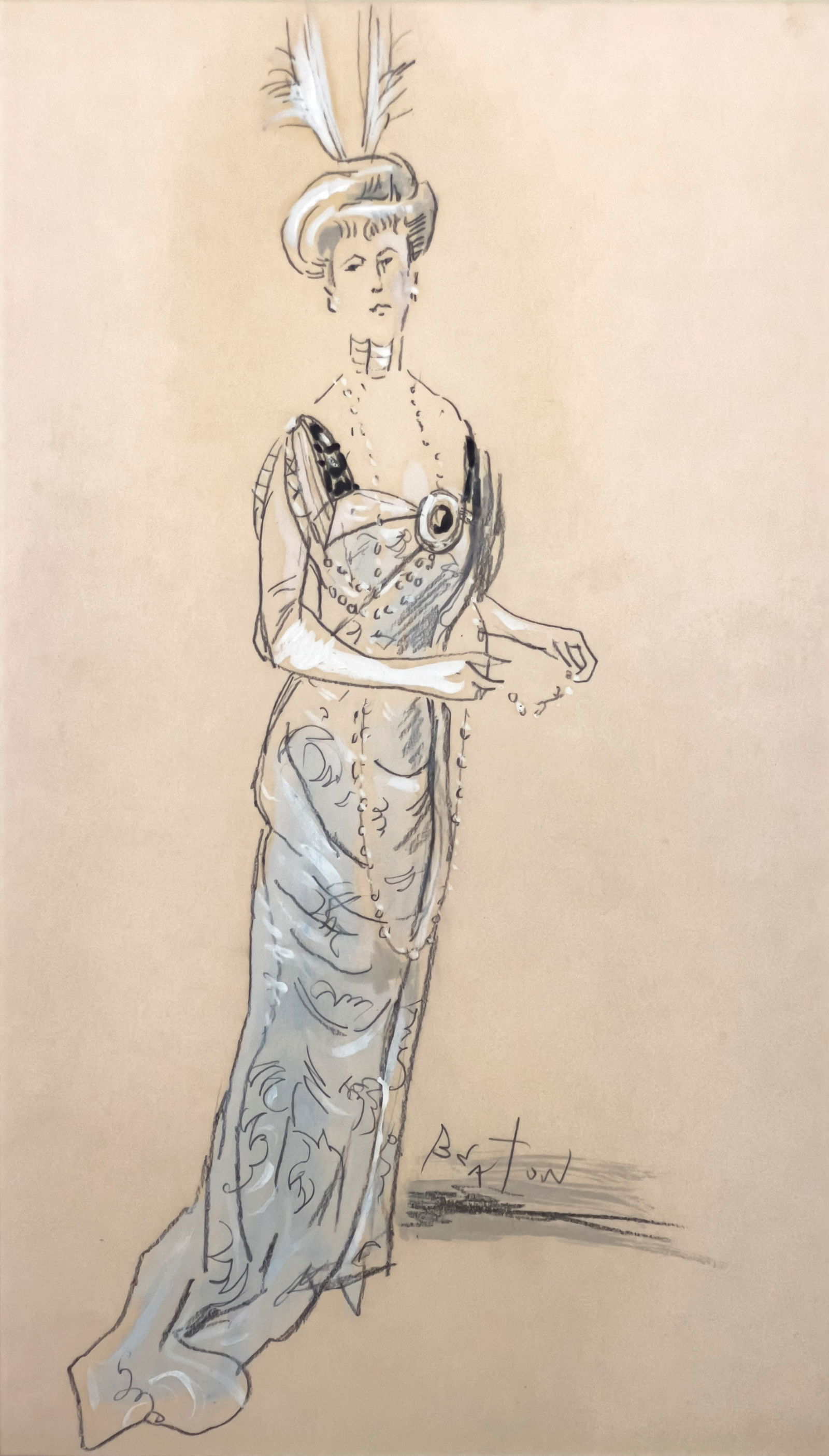Cecil Beaton - Costume Drawing: Lot 65 Cecil Beaton British (1904-1980) Costume Drawing charcoal and gouache signed lower right 17 3/4 x 10 inches frame dimensions: 25 x 17 1/2 x 1/2 inches, wood frame with glazing