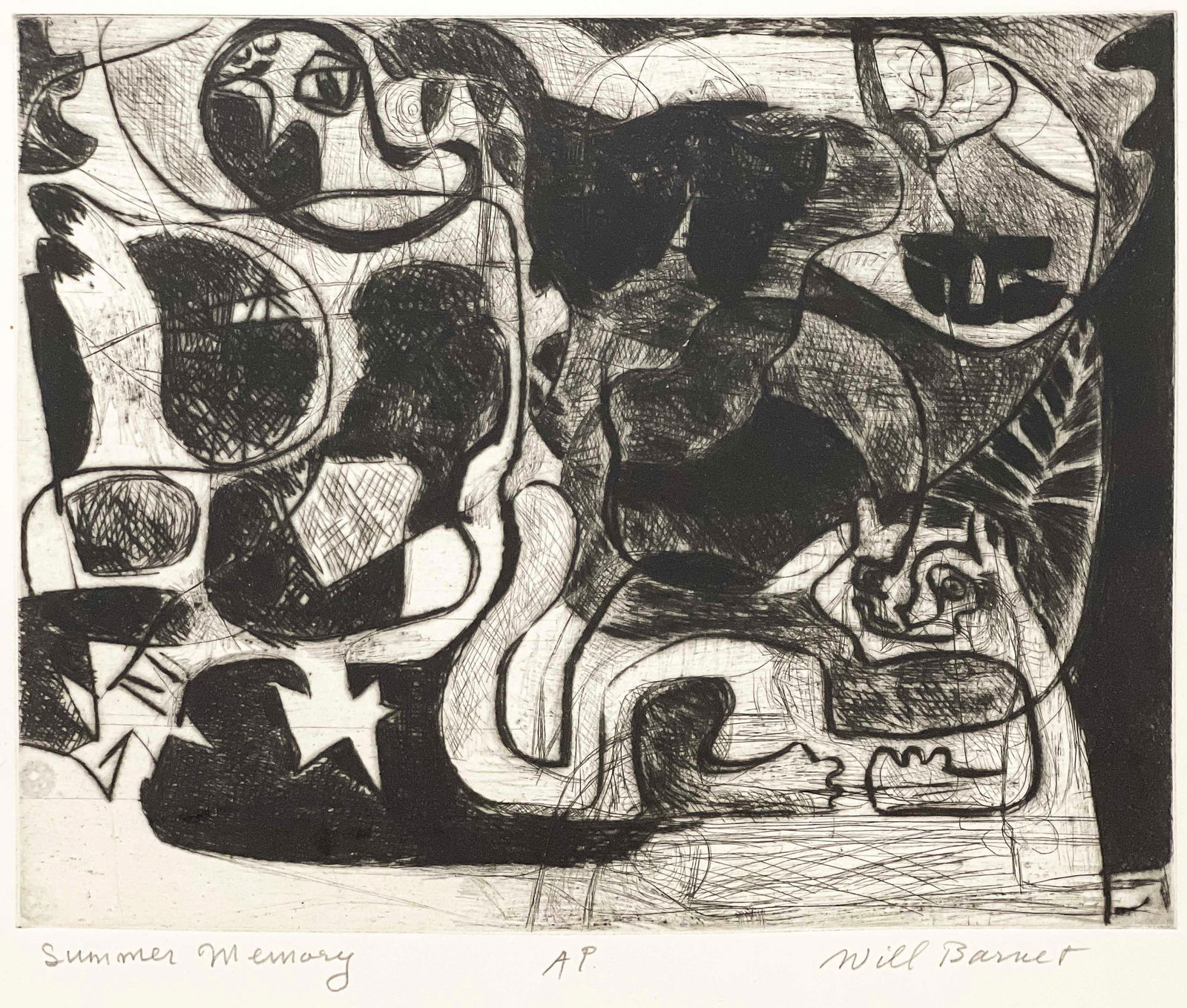 Will Barnet - Summer Memory: Lot 69 Will Barnet American (1911-2012) Summer Memory (1947) etching signed lower right, artist proof image: 7 3/4 x 9 3/4 inches frame dimensions: 22 x 23 x 1 3/4 inches, wood frame with glazing Prov