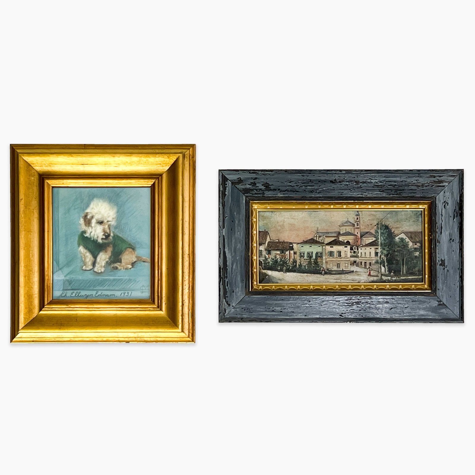 Dog and Village Scene Paintings, Group of 2: Lot 102 Dog and Village Scene Paintings, Group of 2 pastel and oil one dog portrait pastel and one village scene oil on canvas largest: 5 x 11 inches frame dimensions (largest): 9 3/4 x 15 3/4 x 1 inc