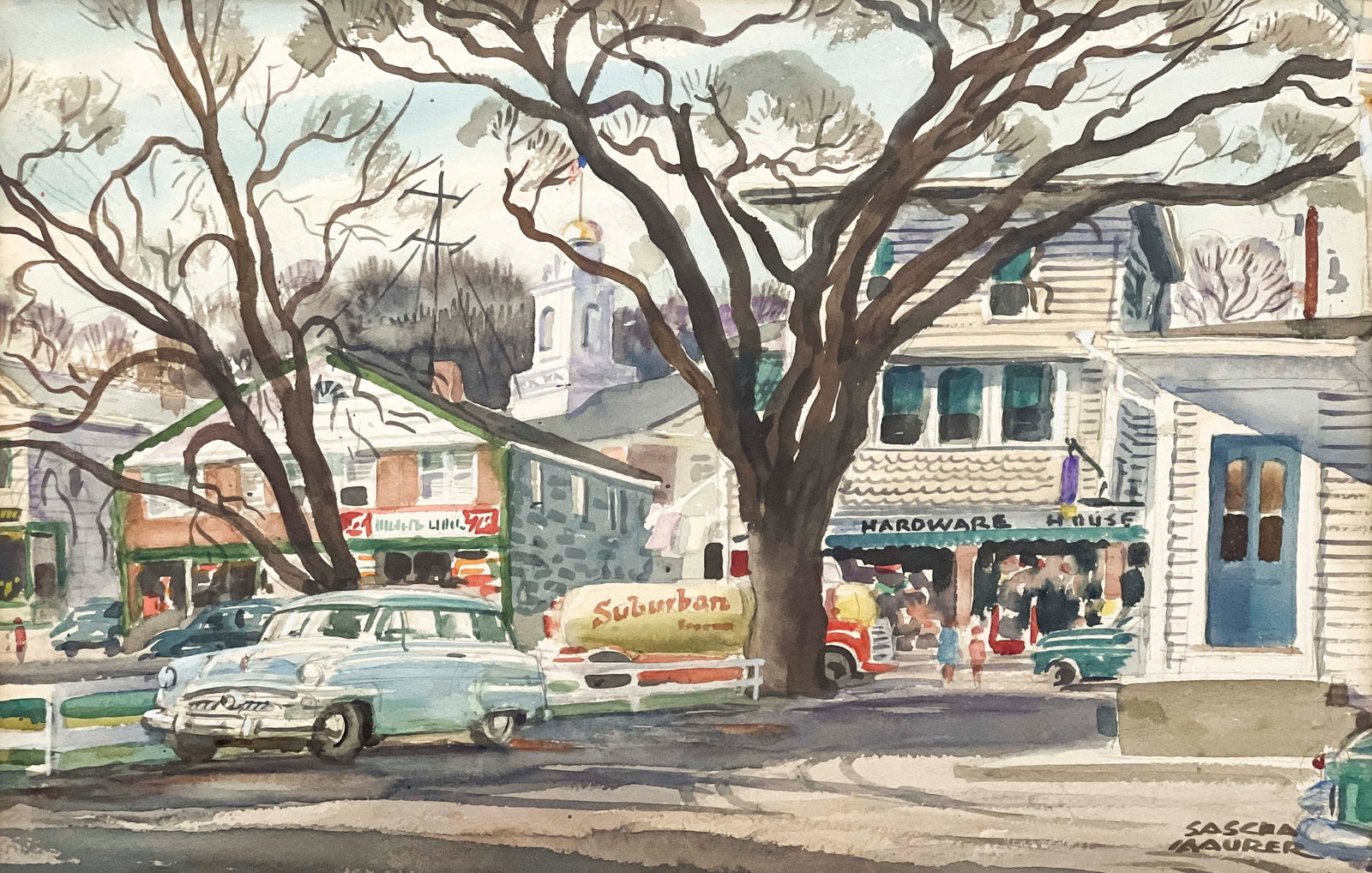 Sascha Mauer - Facing the Village Green, Washington, CT: Lot 106 Sascha Mauer American (1897-1961) Facing the Village Green, Washington, CT watercolor on paper signed lower right sheet: 15 x 22 3/4 inches frame dimensions: 25 3/4 x 31 3/4 x 1 inches, wood f