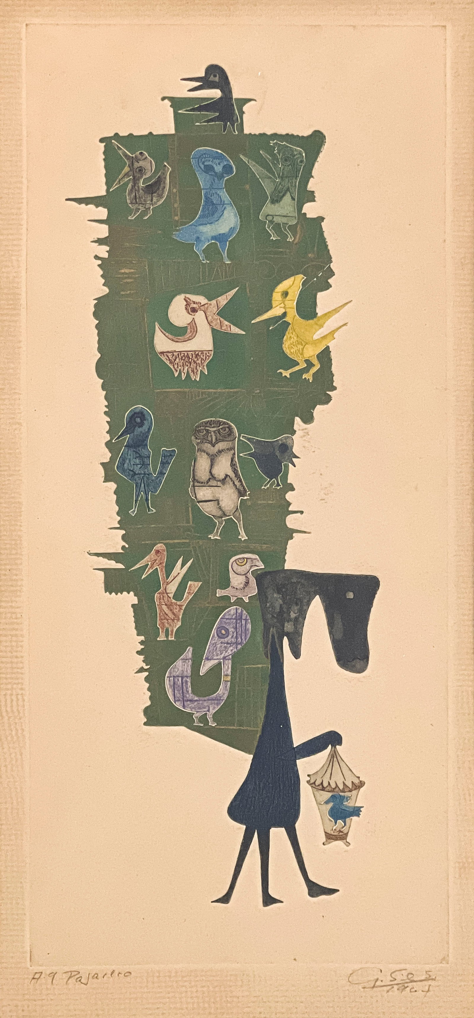 Guillermo Silva Santamaria - Pajarero: Lot 55 Guillermo Silva Santamaria Colombian (1921-2007) Pajarero (1964) initialed lower right etching plate: 16 1/2 x 7 inches frame dimensions: 27 x 16 1/2 x 1 1/4 inches, wood frame with glazing Pro