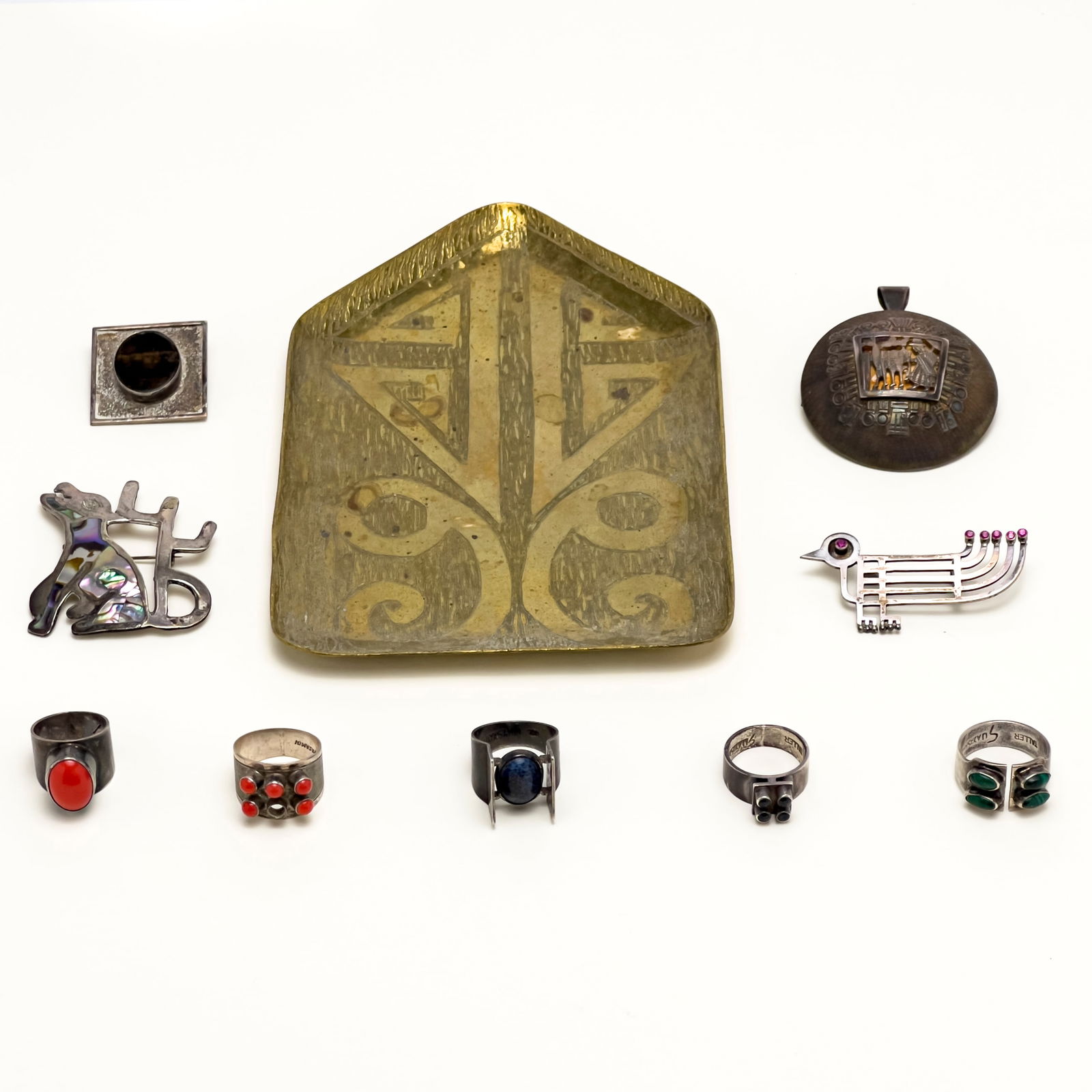 Oswaldo Guayasamín - Silver Jewelry and Brass Tray, Group of 8 (1 of 6)
