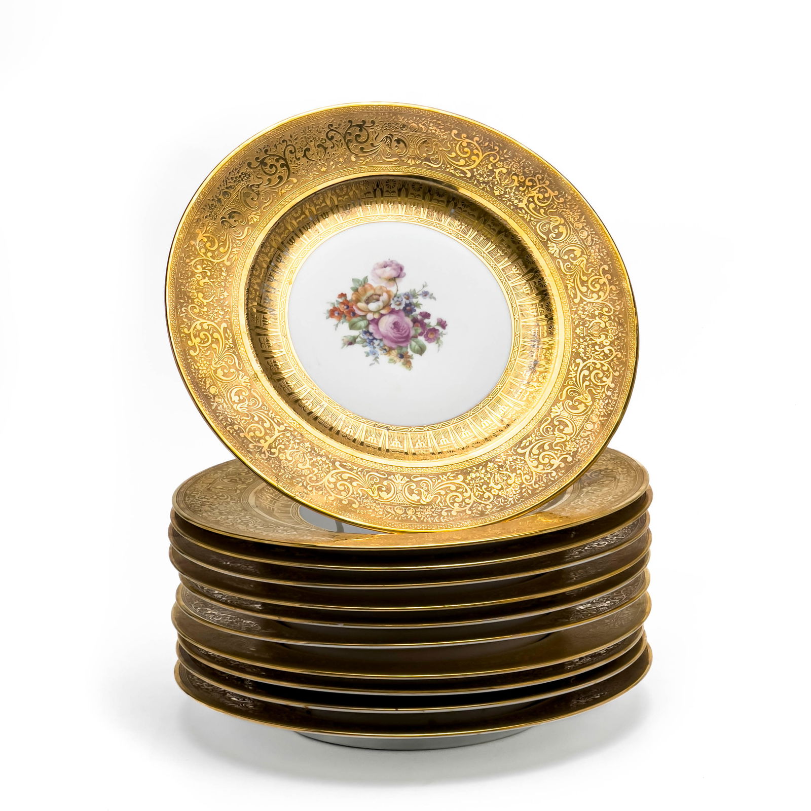 Hutschenreuther - Royal Bavarian Gilt Dinner Plates, Group of 11: Lot 89 Hutschenreuther German (Founded 1914) Royal Bavarian Gilt Dinner Plates, Group of 11 porcelain each stamped to verso diameter: 11 inches Provenance: From a Chelsea, Manhattan Collection