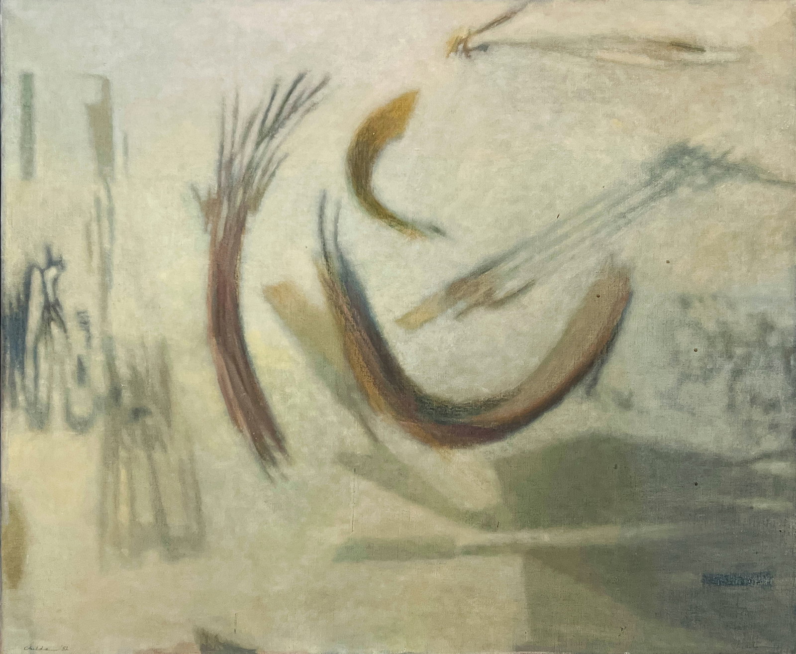 Bernard Childs - Flying Bananas at a Russian Wedding: Lot 57 Bernard Childs American (1910-1985) Flying Bananas at a Russian Wedding (1952) oil on canvas signed lower right 24 3/4 x 30 inches frame dimensions: 26 x 31 1/4 x 1 1/4 inches, wood frame Prove