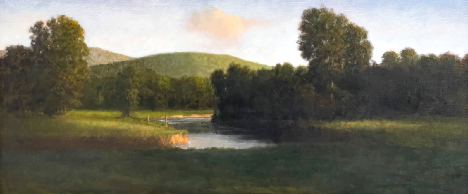Donald Jurney - Evening on the Housatonic: Lot 121 Donald Jurney American (b. 1945) Evening on the Housatonic (1988) oil on canvas signed lower right and verso 18 x 42 inches frame dimensions: 21 1/2 x 45 1/2 x 1 1/4 inches, wood frame Provena
