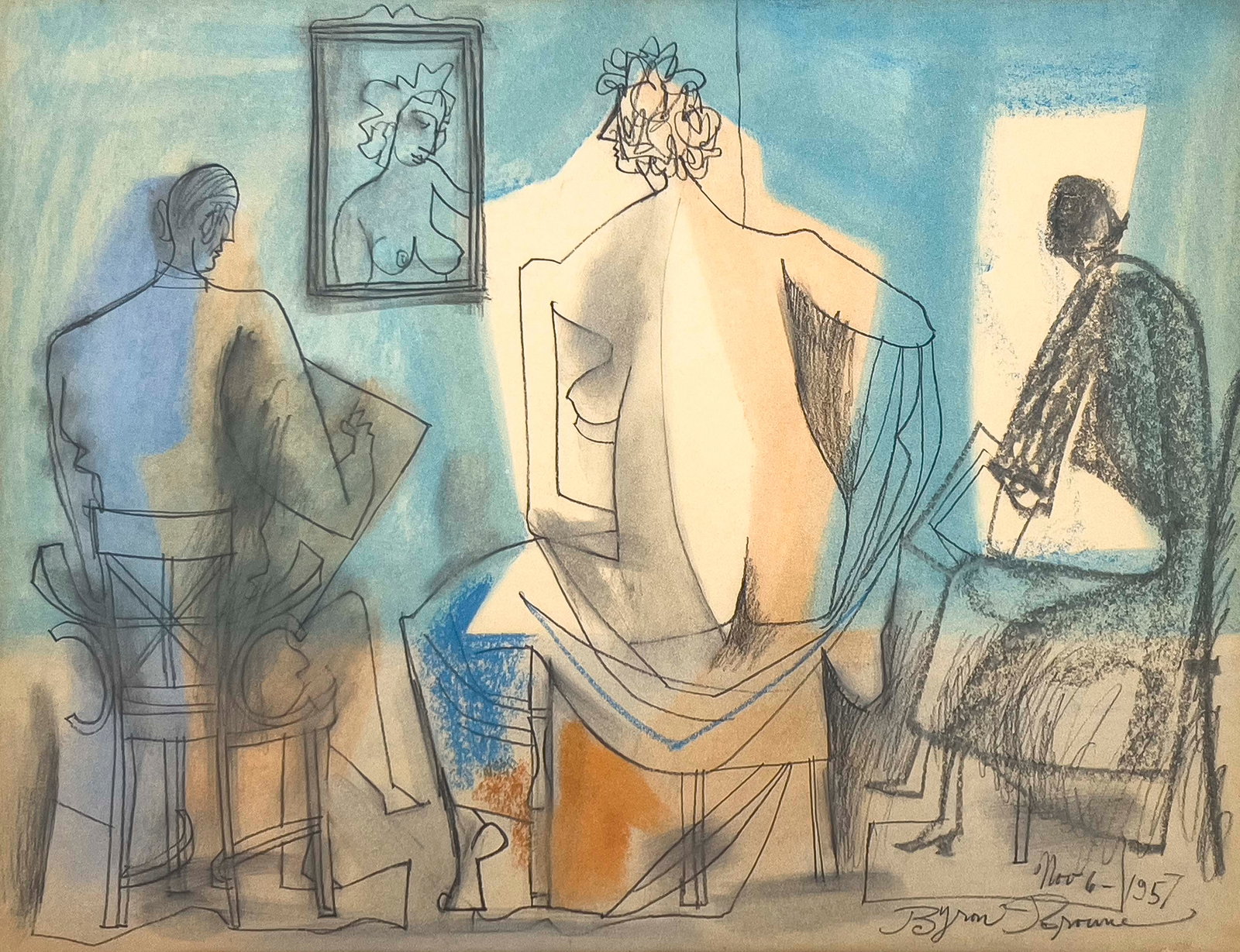 Byron Browne - Nov 6 Nude: Lot 44 Byron Browne American (1907-1961) Nov 6 Nude (1957) graphite, charcoal, and chalk on paper signed lower right sight: 19 3/4 x 25 1/4 inches overall dimensions: 29 x 35 x 2 inches, wood frame wi