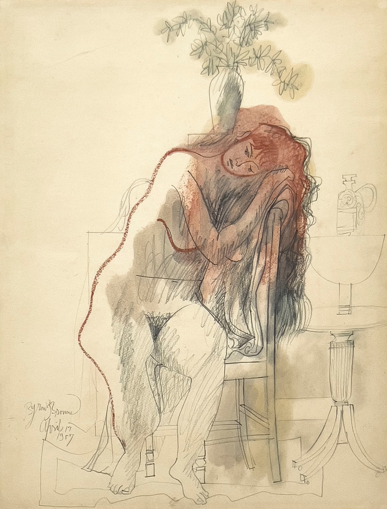 Byron Browne - April 17 Nude: Lot 49 Byron Browne American (1907-1961) April 17 Nude (1957) charcoal, graphite, and chalk on paper signed lower left sheet: 26 x 20 inches overall dimensions: 32 x 25 3/4 x 1 inches, metal frame wit
