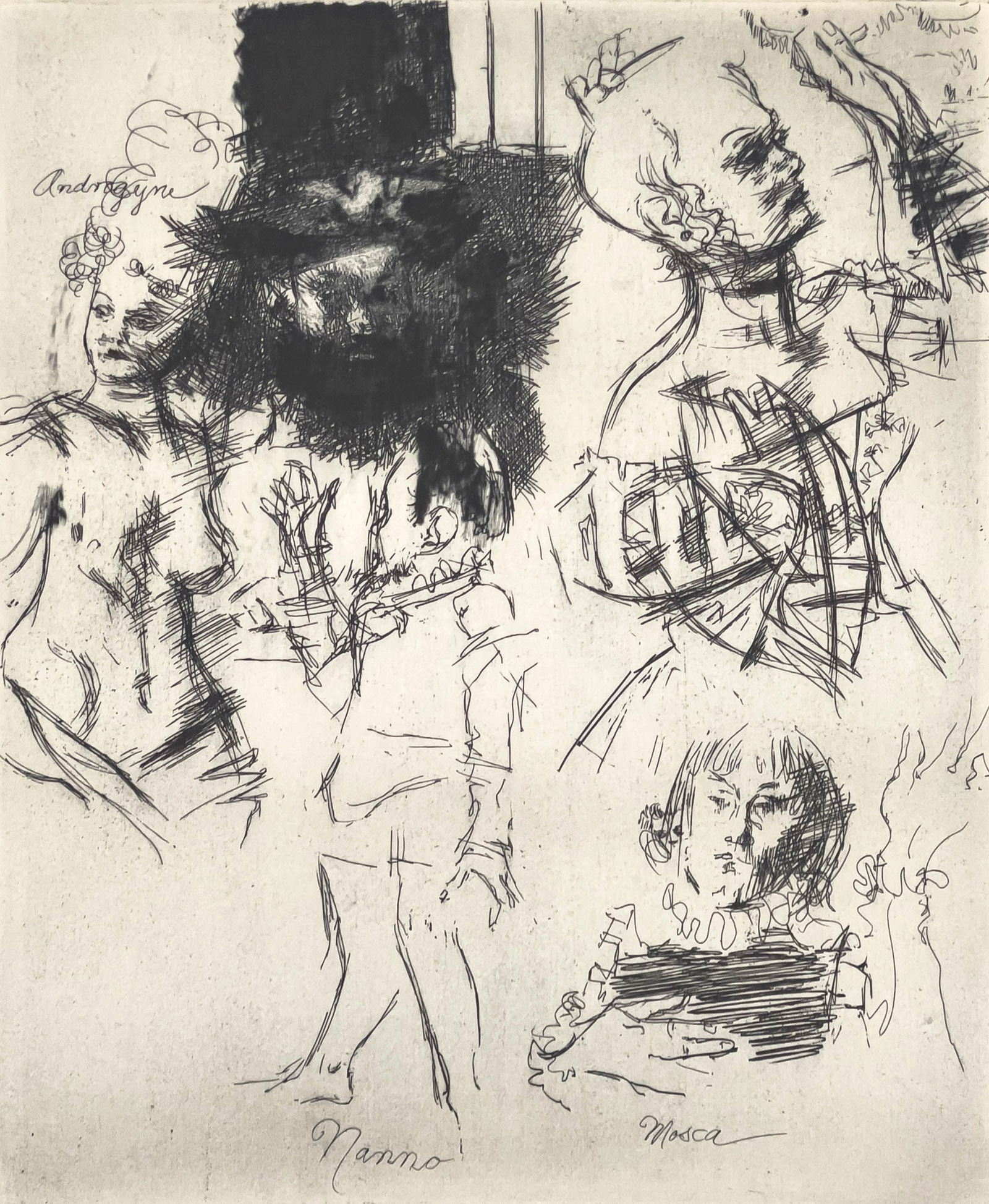 Jack Levine - Androgyne, Nanno & Mosca: Lot 66 Jack Levine American (1915-2010) Androgyne, Nanno & Mosca etching signed lower right plate: 9 1/2 x 8 inches overall dimensions: 21 1/2 x 15 1/2 x 1/2 inches, metal frame with glazing Provenanc