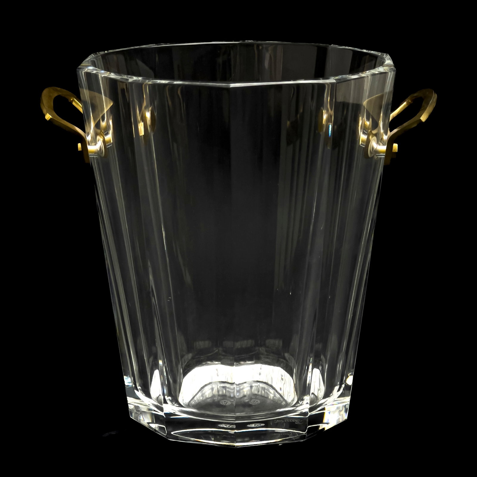 Baccarat - Champagne Bucket / Wine Cooler: Lot 151 Baccarat French Manufacturer (est. 1764) Champagne Bucket / Wine Cooler crystal and gilt metal incised Baccarat on the lower side and acid-etched mark on bottom, Baccarat insignia stamped to e