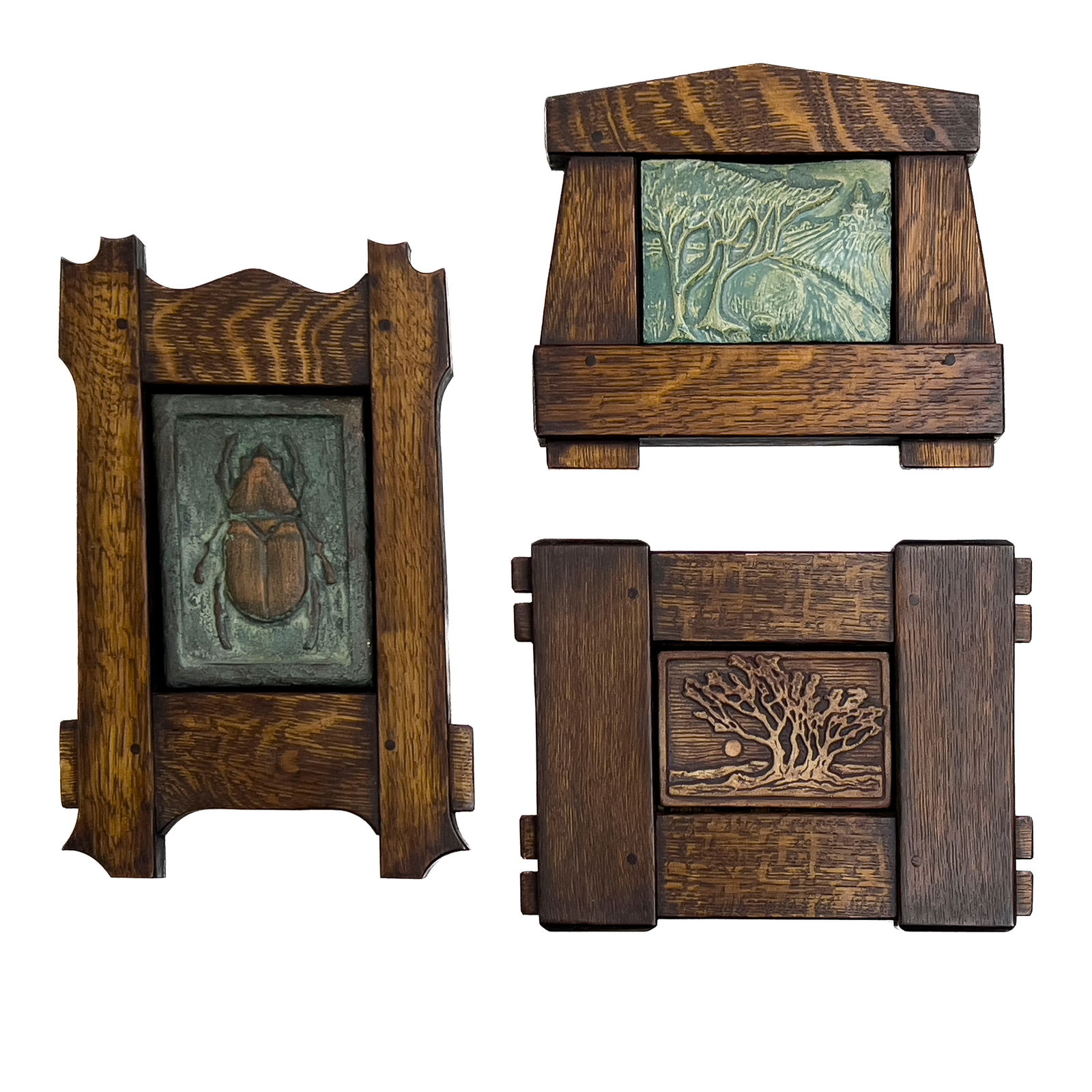 Arts and Crafts Style Oak Framed Tiles, Group of 3 (1 of 4)