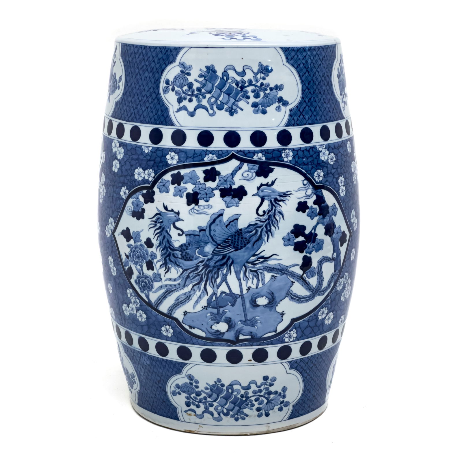 Asian Blue Porcelain Garden Stool: Lot 169 Asian Blue Porcelain Garden Stool White porcelain stool with blue glaze designs, having a hole in the top and an open base height: 20 inches diameter: 12 inches Provenance: From the Collectio