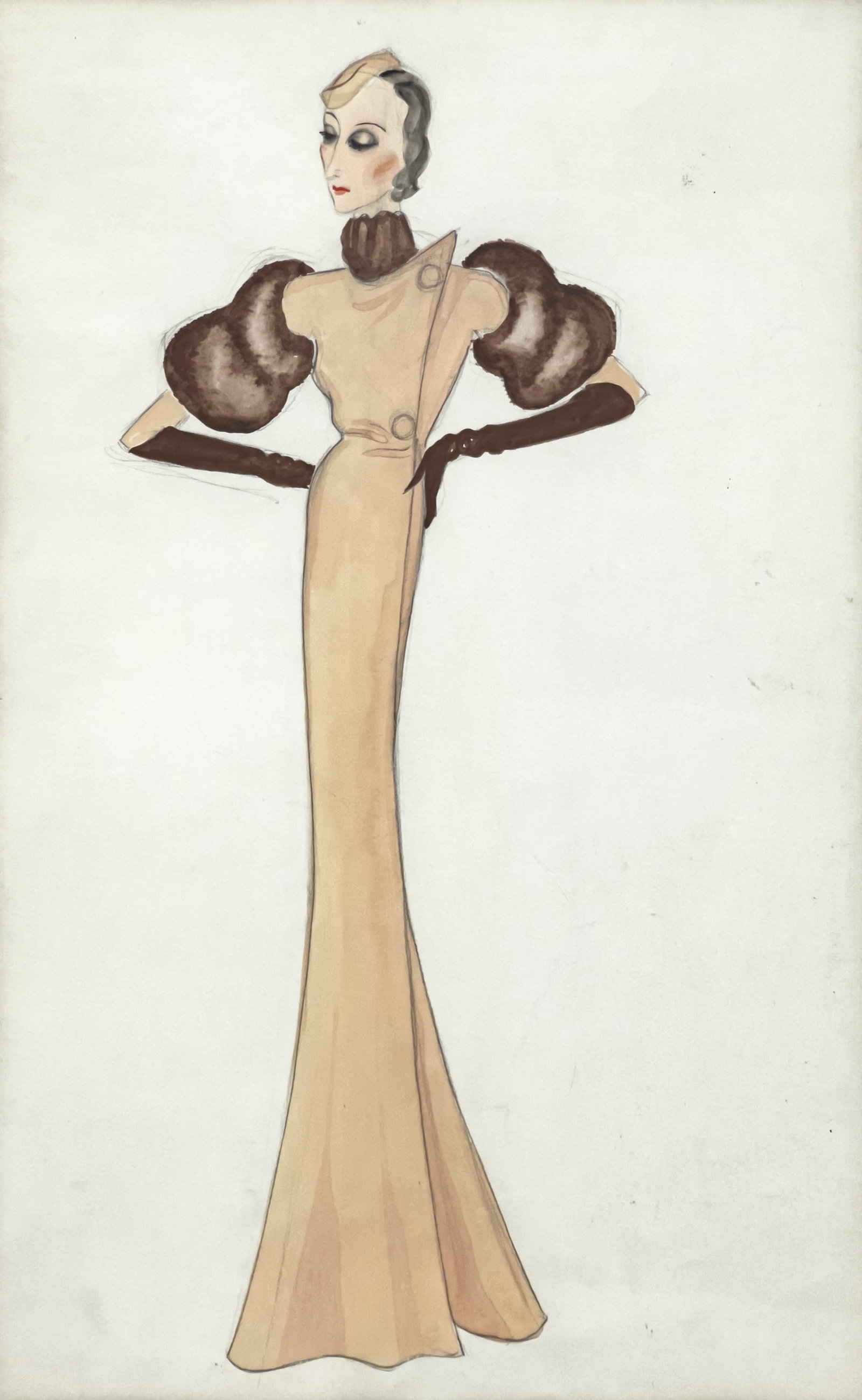 Victor Stiebel - Costume Sketch of Gertrude Lawrence: Lot 93 Victor Stiebel British-South African (1907-1976) Costume Sketch of Gertrude Lawrence (1930s) watercolor and graphite on paper sight: 19 x 12 inches overall dimensions: 26 1/2 x 19 x 1 inches, w