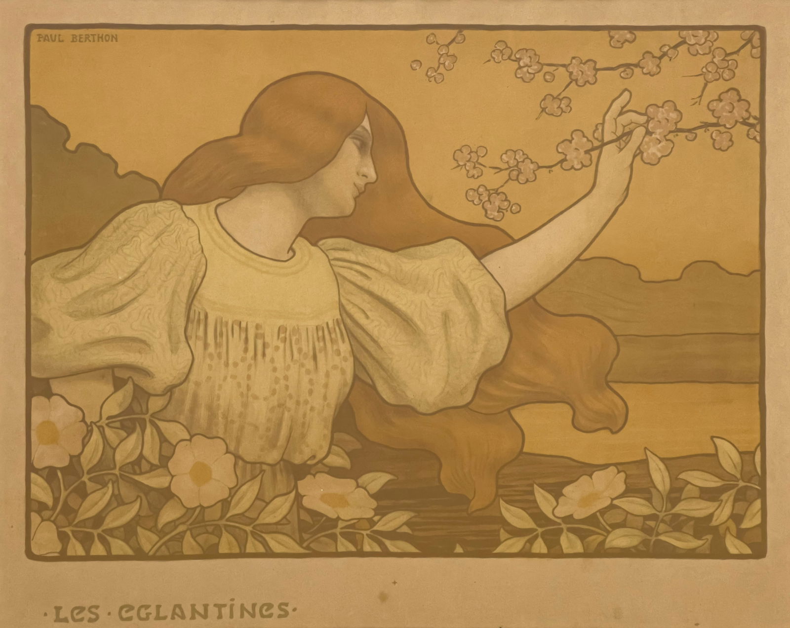 Paul Berthon - Les Eglantines Poster: Lot 111 Paul Berthon French (1872-1934) Les Eglantines Poster lithograph sight: 18 x 22 1/2 inches frame dimensions: 25 1/4 x 29 1/4 x 1 1/2 inches, wood frame with glazing Provenance: The Estate of P
