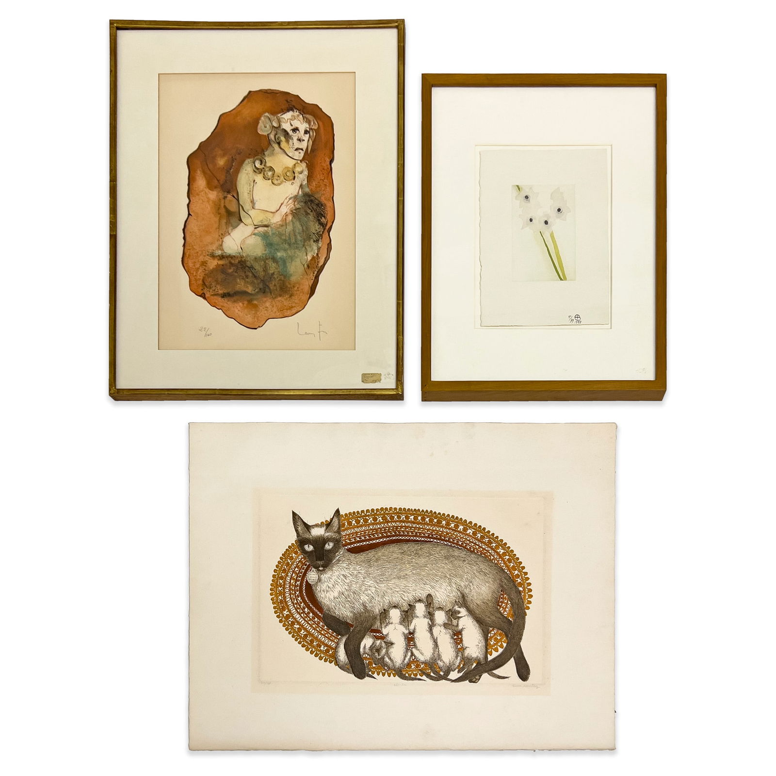 Two Editions (Figure / Cats ): Lot 213 Two Editions (Figure / Cats ) Comprising of 2 prints, Satyricon lithograph by Leonor Fini (framed) signed lower right, edition 22/100 and Kimba etching by Cuca Romley (unframed) signed lower