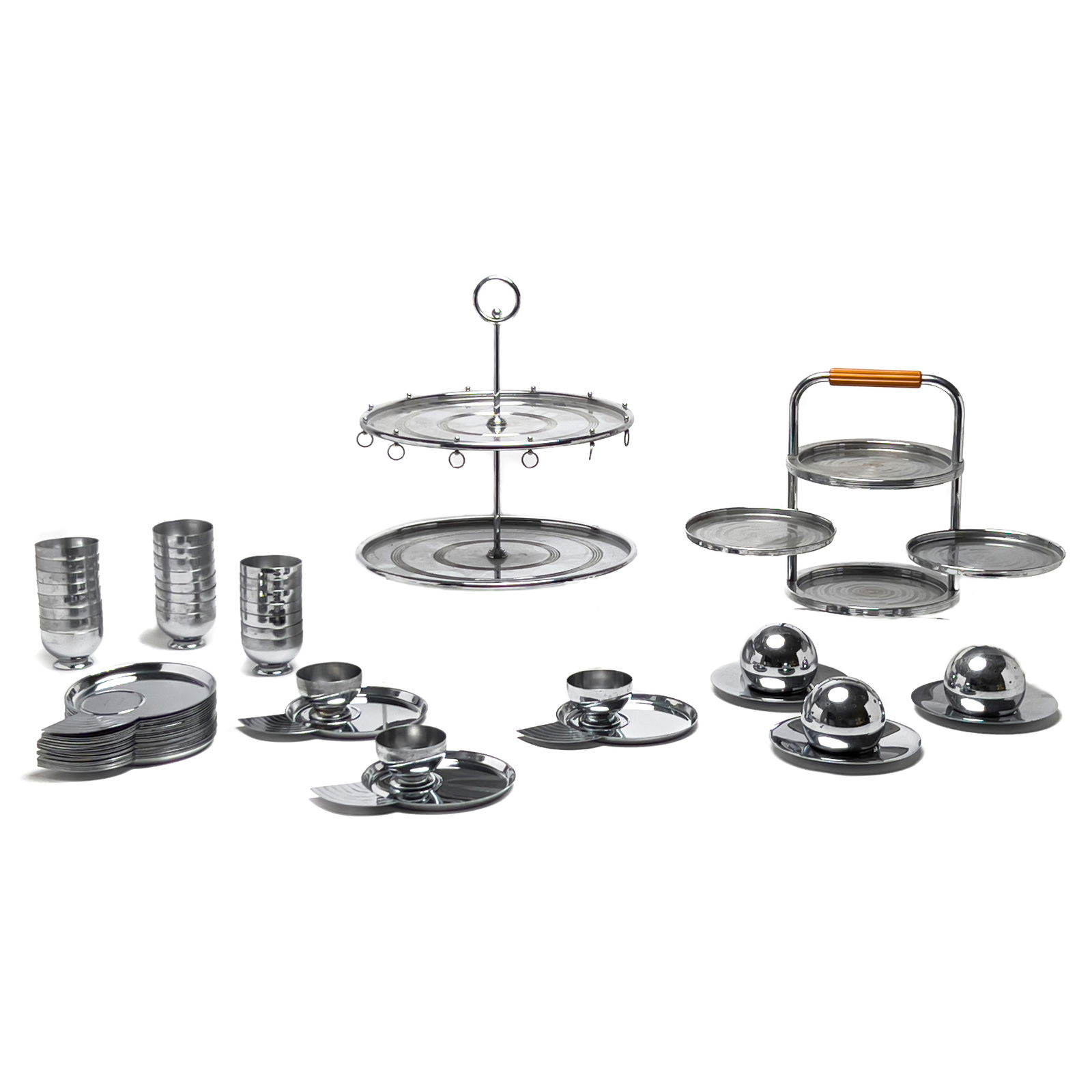 Lurelle Guild and Others - Chase Cocktail Canapé Service Collection, Group of 58: Lot 17 Lurelle Guild and Others - Chase Cocktail Canapé Service Collection, Group of 58 (1935) chrome and bakelite Comprising 3 cocktail balls, 1 four-in-hand serving tray, 1 cocktail canapé