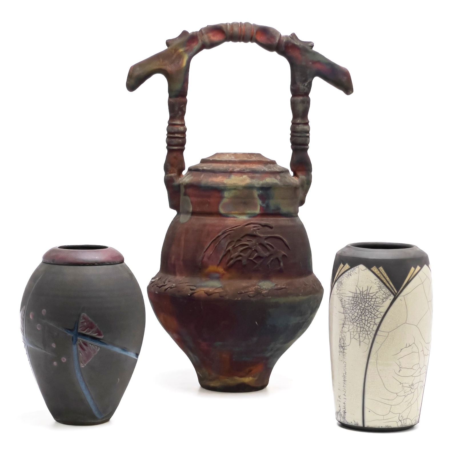 Raku Fired Studio Pottery, Group of 3 (1 of 6)