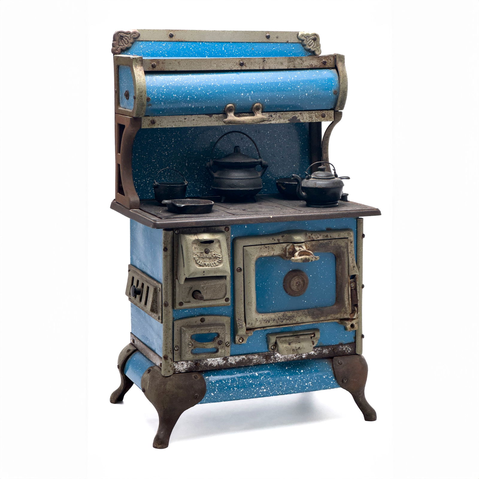 Karr Range Salesman Sample Stove: Lot 160 Karr Range Salesman Sample Stove Vintage Karr Range Co. Salesman sample / child's toy stove, blue enameled steel with cast iron, with Karr Range label, along with cast iron kitchenware 21 x 1