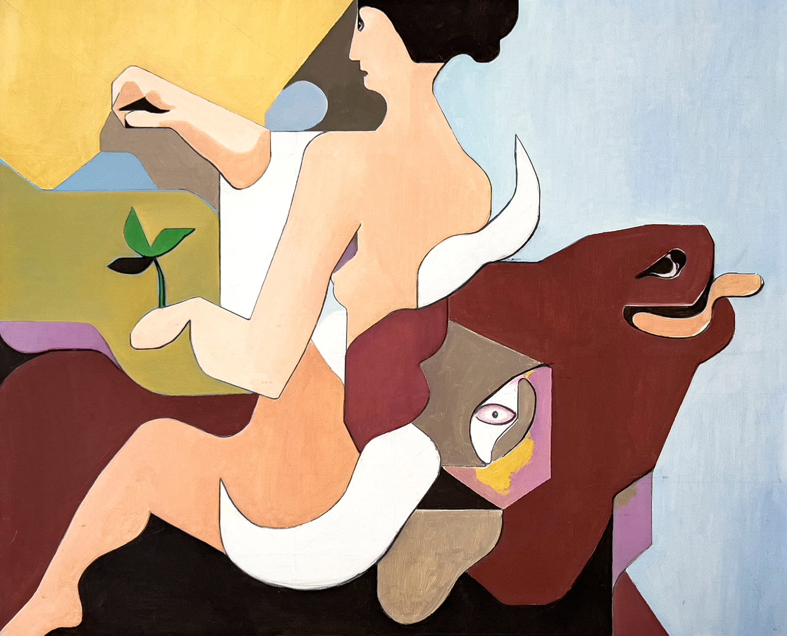 Leonard Alberts - Europa on Bull Holding Leafs: Lot 222 Leonard Alberts American (1924-2010) Europa on Bull Holding Leafs (1995) oil on canvas signed verso 50 x 62 inches overall dimensions: 50 1/2 x 62 3/4 x 2 inches, wood frame Provenance: Works 