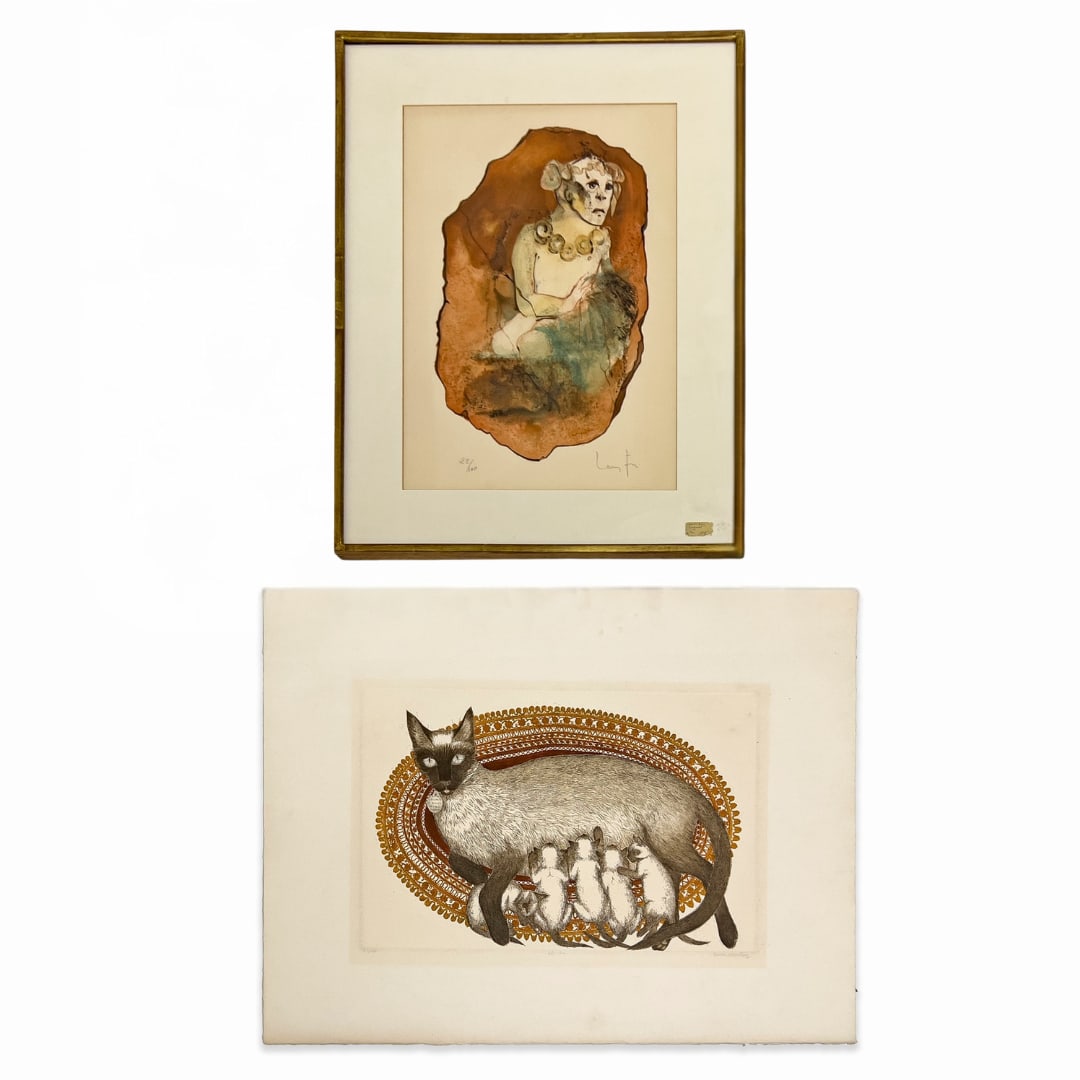 Two Editions (Figure / Cats ): Lot 289 Two Editions (Figure / Cats ) lithograph and etching Comprising of 2 prints, Satyricon lithograph by Leonor Fini (framed) signed lower right, edition 22/100 and Kimba etching by Cuca Romley (