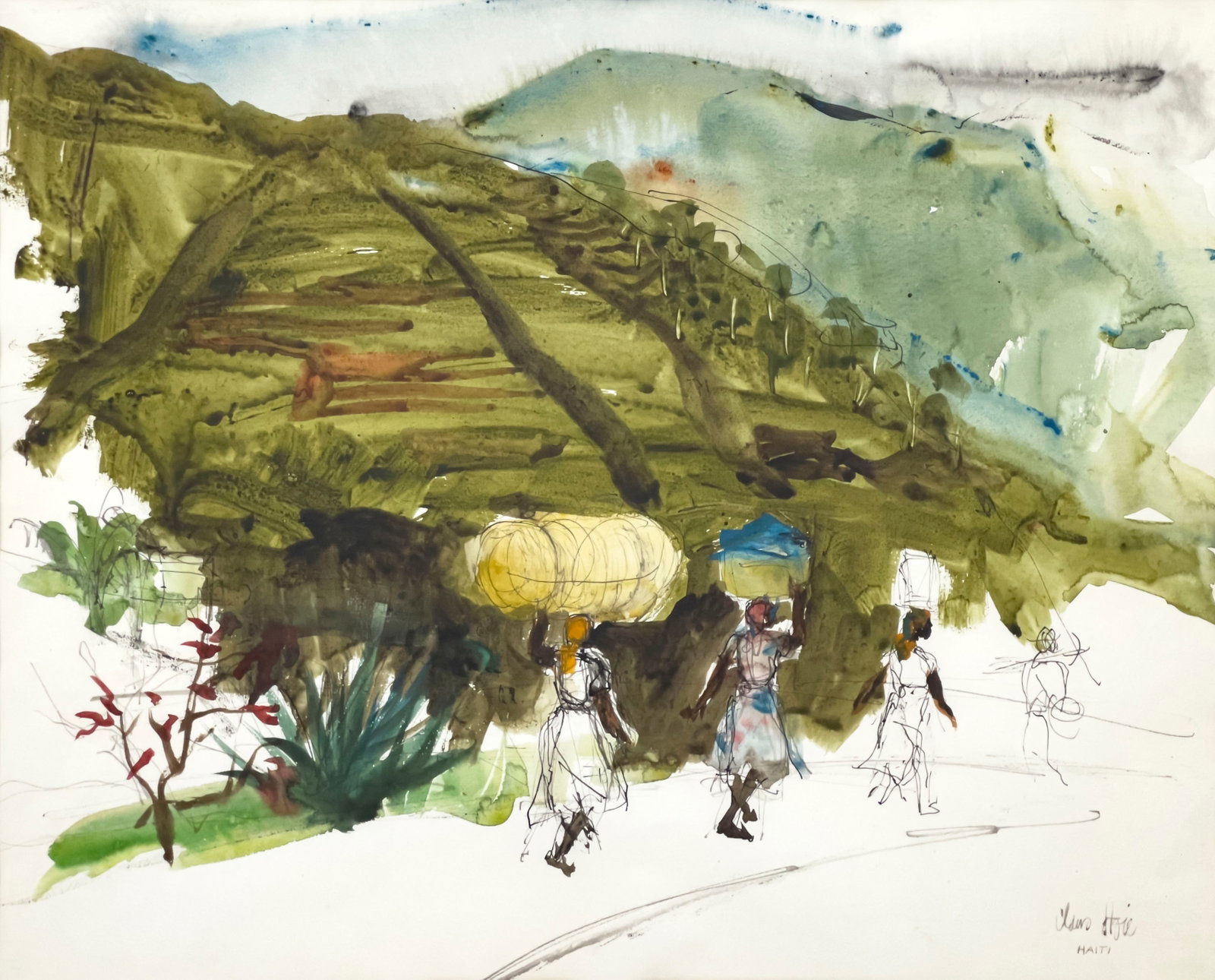 Claus Hoie - Haiti: Lot 32 Claus Hoie Norwegian/American (1911-2007) Haiti watercolor and ink on paper signed lower right sight: 17 x 21 1/2 inches frame dimensions: 22 3/4 x 27 3/4 x 1 1/2 inches, aluminum frame with gl