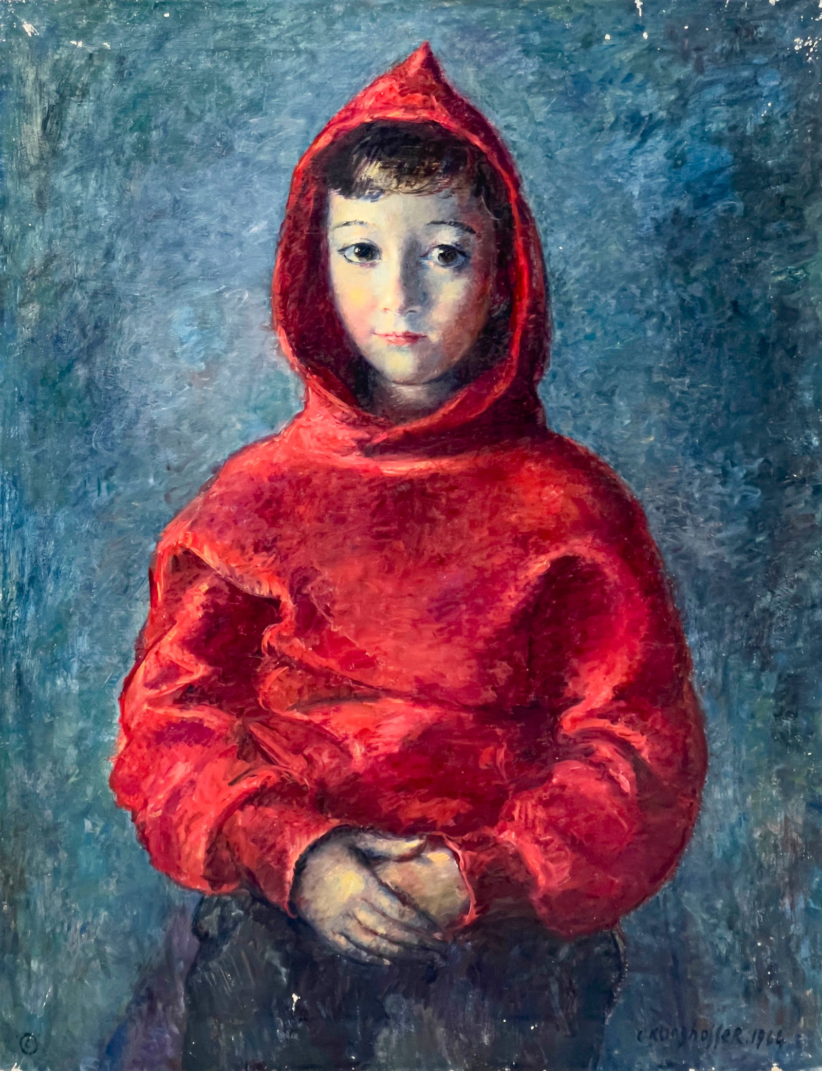 Clara Klinghoffer - Boy with a Red Hood (David Herzberg in a Red Hood): Lot 42 Clara Klinghoffer British/American (1900-1970) Boy with a Red Hood (David Herzberg in a Red Hood) (1964) oil on canvas signed lower right 31 x 24 inches unframed Provenance: From the Estate of 