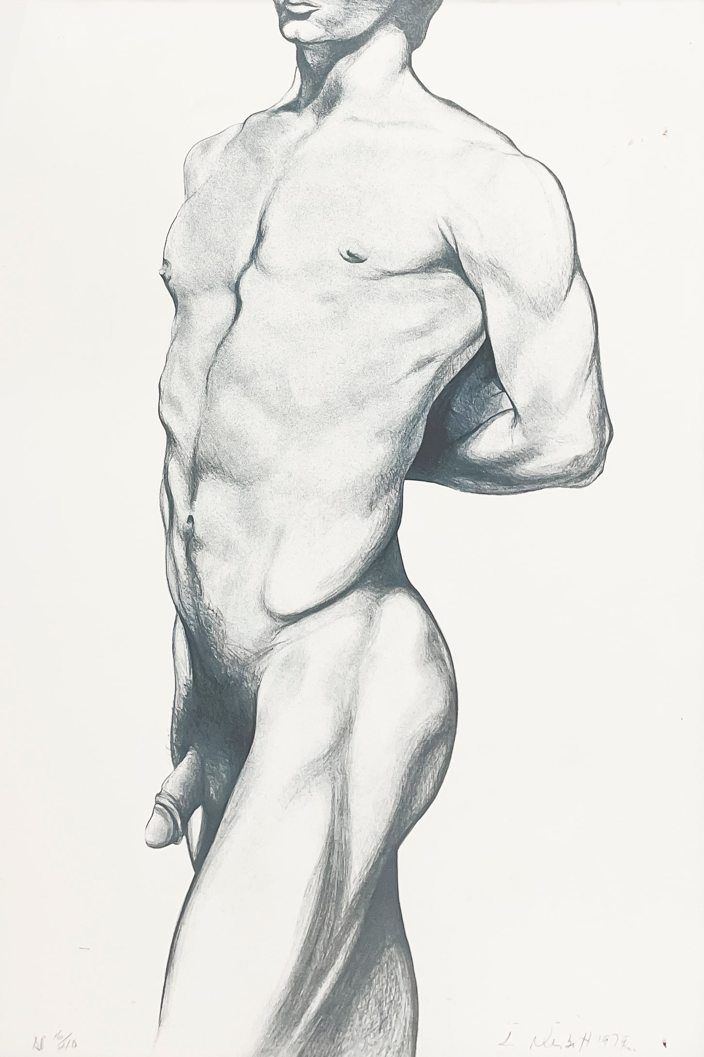 Lowell Nesbitt - Untitled (Nude): Lot 67 Lowell Nesbitt American (1933-1993) Untitled (Nude) (1979) lithograph signed lower right, AP 16/210 sight: 43 3/4 x 29 1/2 inches frame dimensions: 44 1/4 x 30 1/4 x 1 1/2 inches, aluminum fram