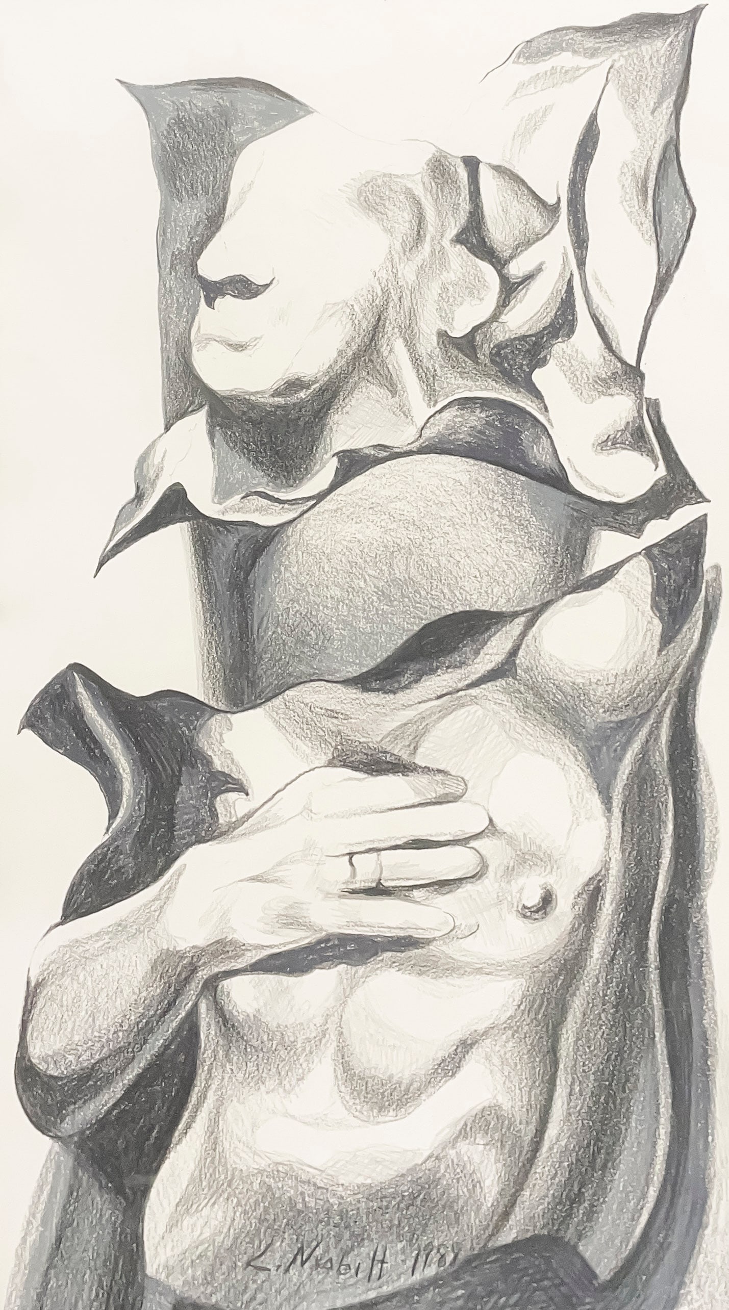 Lowell Nesbitt - Untitled Drawing (Distorted Figure): Lot 79 Lowell Nesbitt American (1933-1993) Untitled Drawing (Distorted Figure) (1988) charcoal and white chalk on paper signed lower center sheet: 28 x 15 1/4 inches frame dimensions: 37 x 28 x 1 1/4