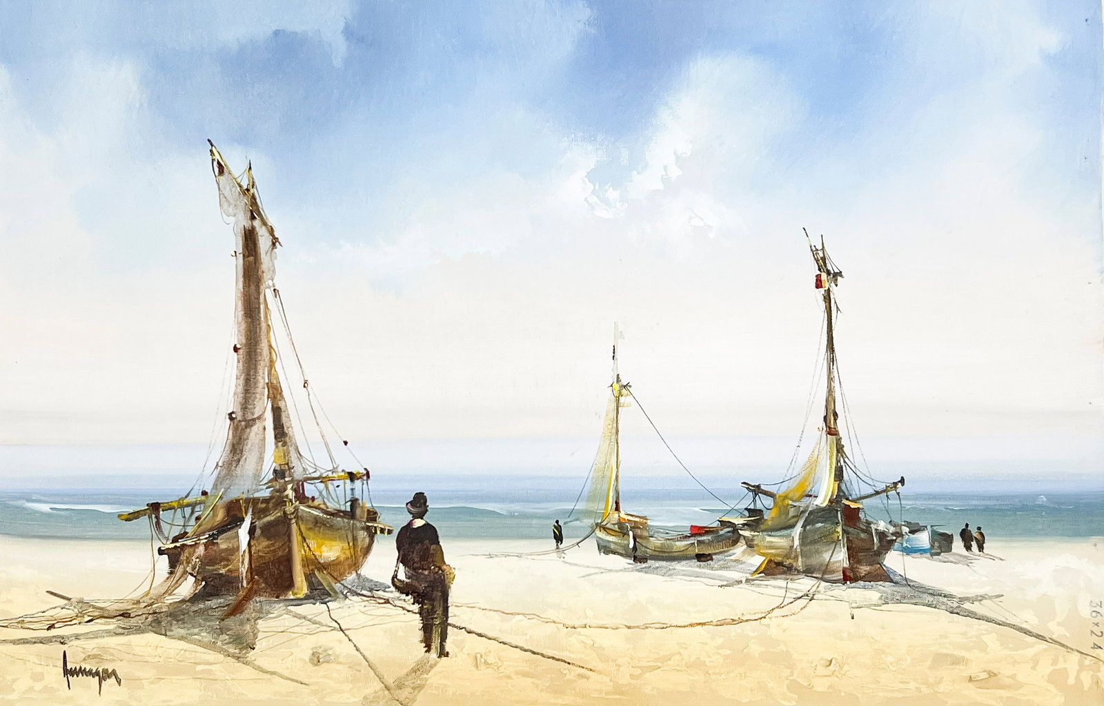 Jorge Aguilar-Agon - Beached Boats: Lot 134 Jorge Aguilar-Agon Spanish (b. 1936) Beached Boats oil on canvas (unstretched) signed lower left image: 24 x 36 inches unframed Provenance: Purchased from Arnot Gallery