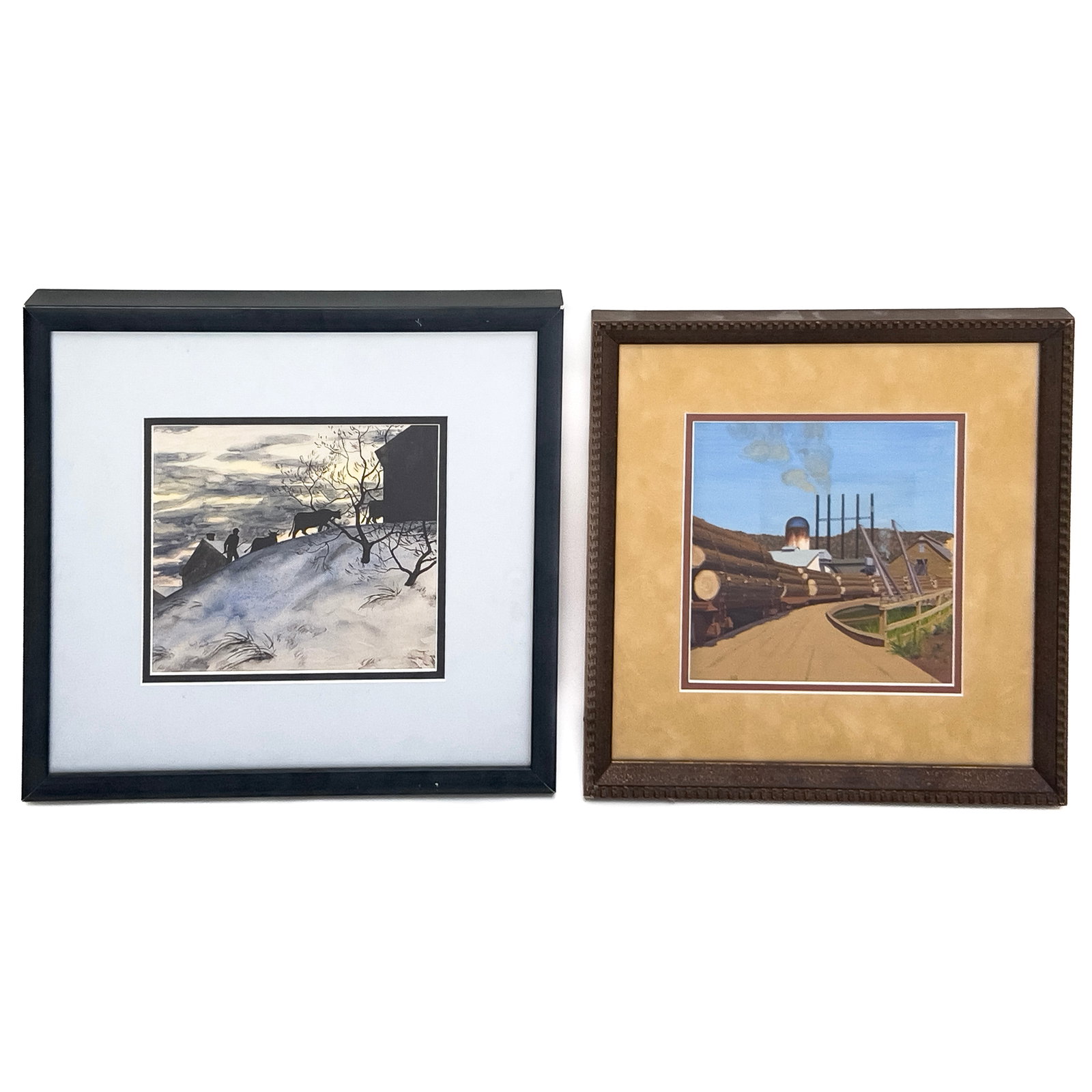 Dorothy Deyrup - Paintings of Farm and Lumber Mill: Lot 143 Dorothy Deyrup American (1908-1961) Paintings of Farm and Lumber Mill watercolor on paper, gouache on paper sight (larger): 7 1/4 x 8 1/4 inches overall dimensions (larger): 14 1/2 x 15 1/2 x 