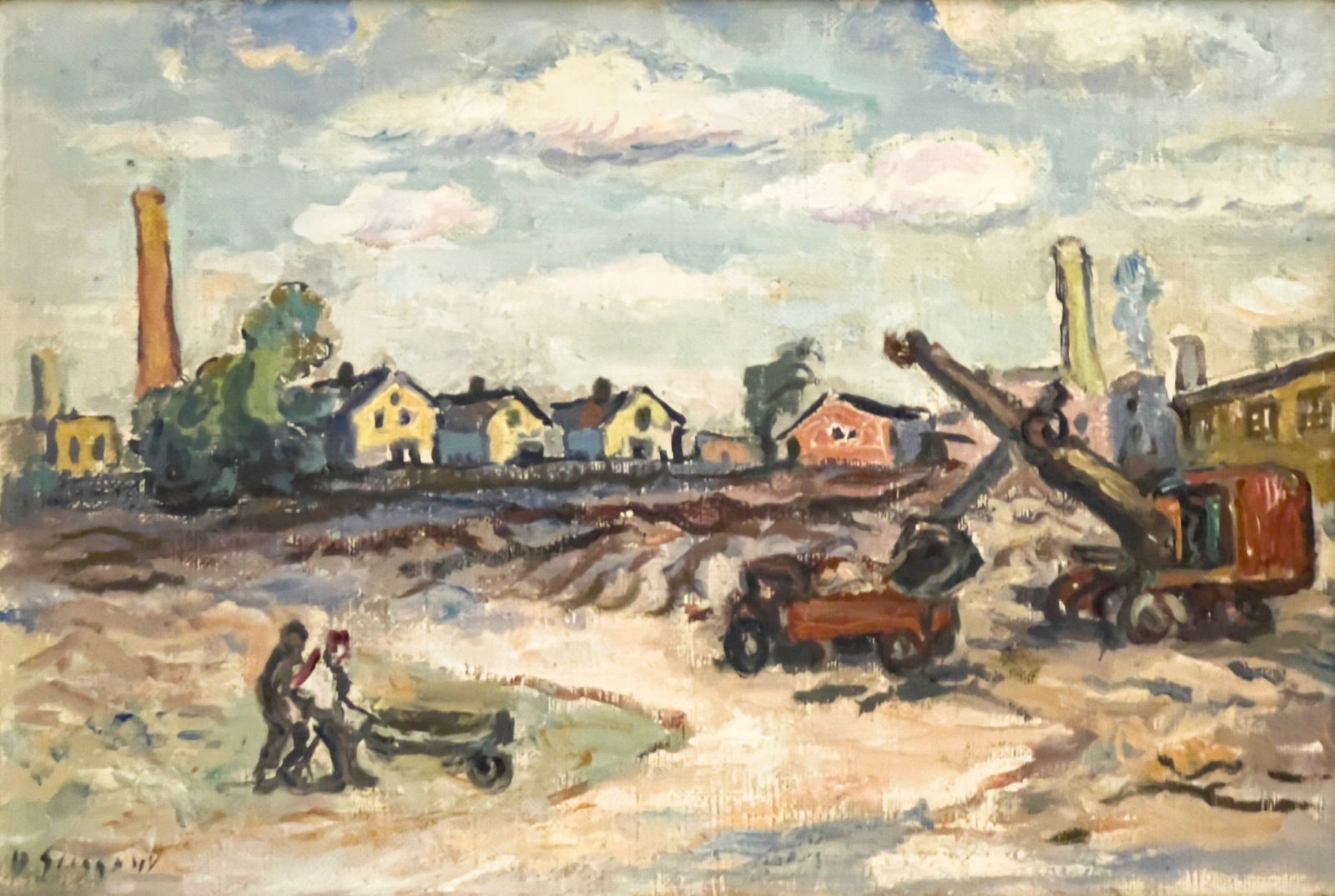 Bernard Gussow - Construction: Lot 170 Bernard Gussow American (1881-1957) Construction (1942) oil on canvas board signed lower left 8 3/4 x 12 1/2 inches overall dimensions: 12 1/4 x 16 1/2 x 1 inches, wood frame Provenance: From