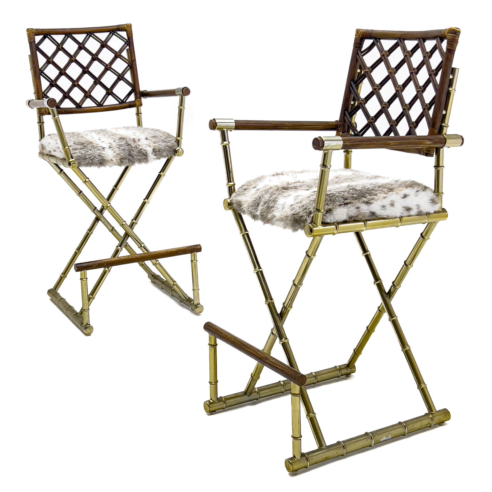 Cleo Baldon Style Brass Faux Bamboo Armchairs: Lot 230 Cleo Baldon Style Brass Faux Bamboo Armchairs brass, wood, faux fur Each armchair having faux bamboo brass X-form bases with cane wrapped bamboo lattice backrests and faux fur cushion seats e