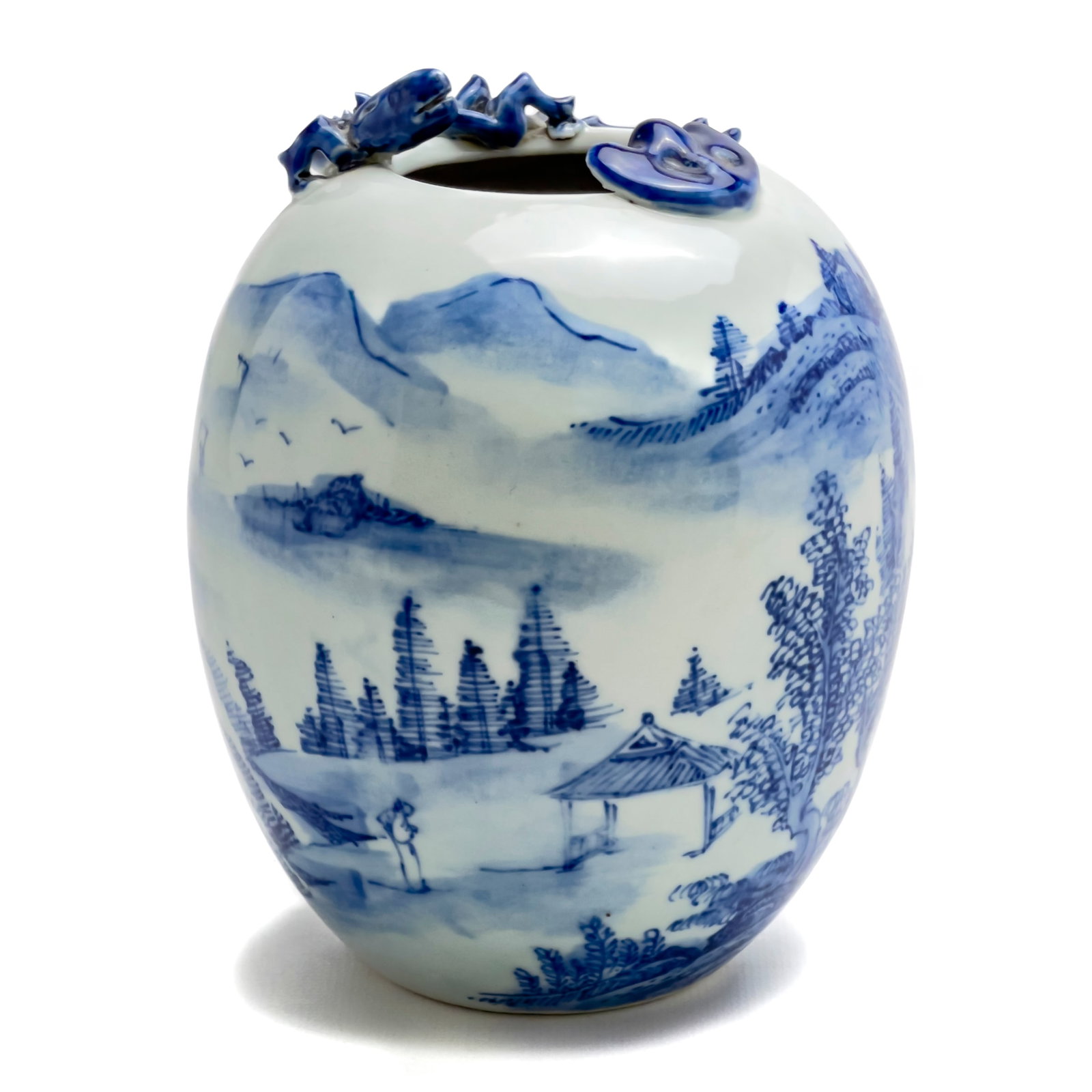 Chinese Blue and White Figural Dragon Vase: Lot 329 Chinese Blue and White Figural Dragon Vase porcelain Chinese blue and white small vase, with figural dragon in full relief on lip, featuring landscape scenes with figures on body height: 6 1/2