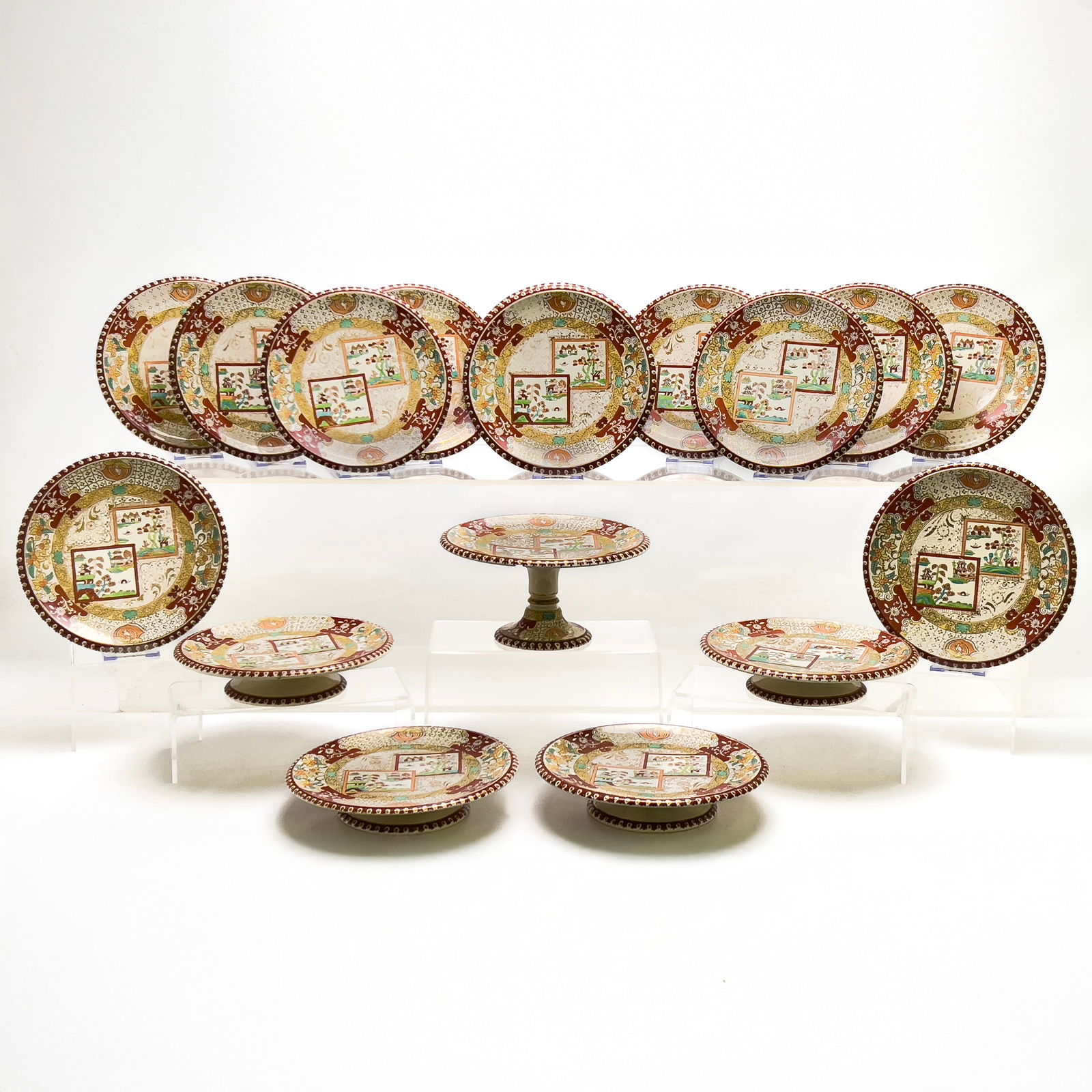 Ashworth Brothers - Floral Landscape Plates and Compotes, Group of 17: Lot 377 Ashworth Brothers English Manufacturer (Active 1862-1969) Floral Landscape Plates and Compotes, Group of 17 (late 19th century) ironstone Comprising 12 plates, four footed compotes, and one ca