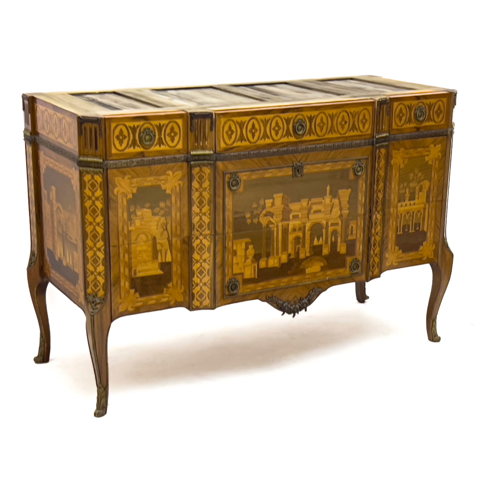 Louis XV Style Commode: Lot 419 Louis XV Style Commode wood Fitted with brass ormolu and hardware, with marquetry decoration, the drawers with a central Classical architectural scene flanked by smaller Classical vignettes,