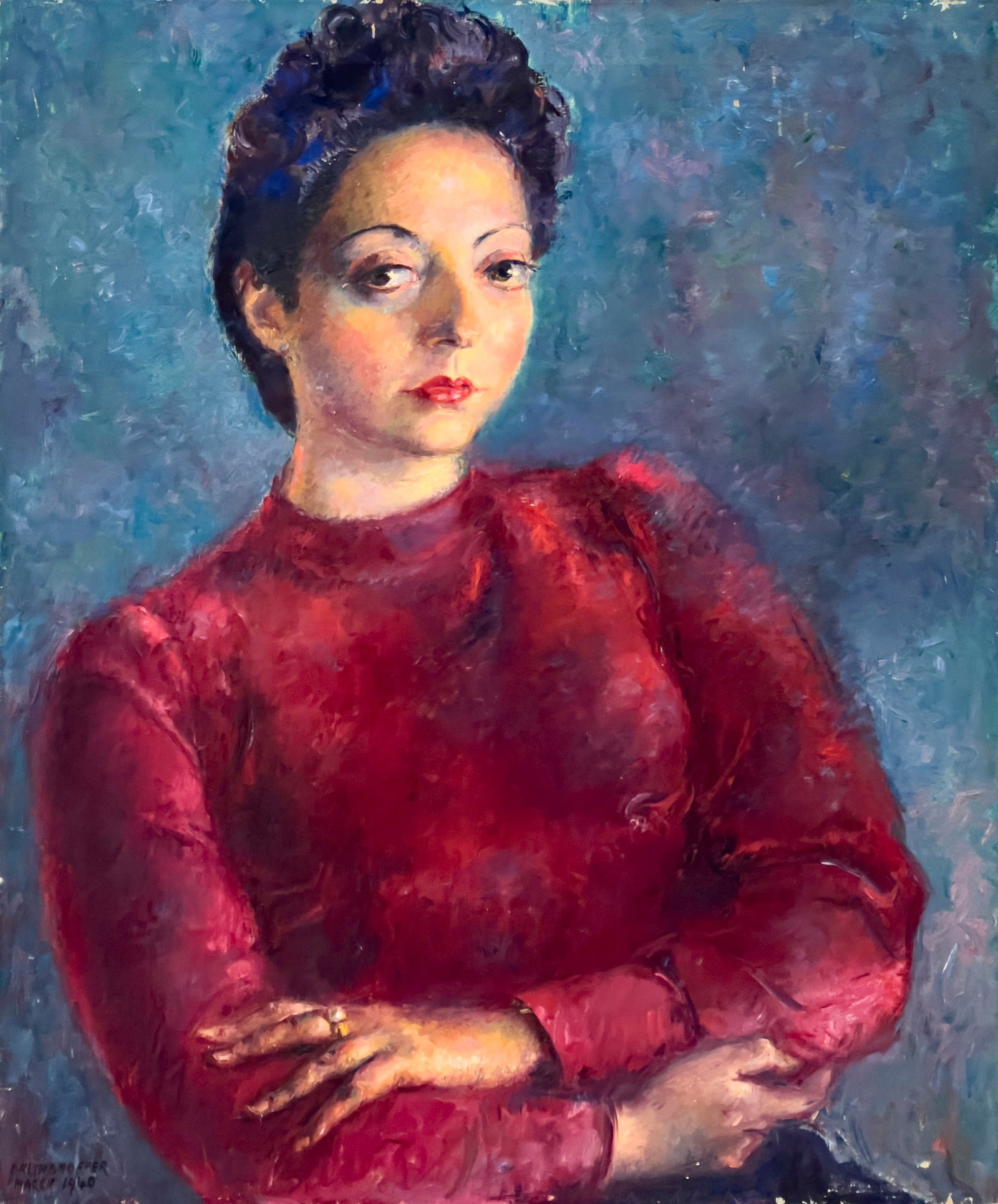Clara Klinghoffer - Portrait of Connie Elsbach: Lot 93 Clara Klinghoffer British/American (1900-1970) Portrait of Connie Elsbach oil on canvas signed lower left 30 x 25 inches unframed Provenance: From the Estate of Clara Klinghoffer